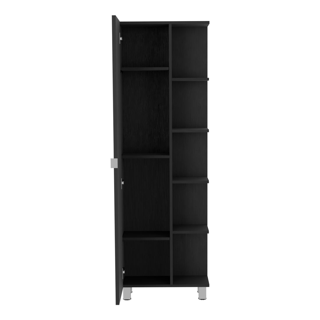 Linen Single Door Cabinet 62" H, Five External Shelves, Four Interior Shelves, Black Black Particle Board Particle Board