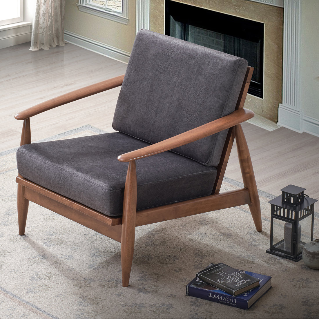 Charcoal And Brown Accent Chair With Removable Cushion Brown Grey Primary Living Space Modern Wood Fabric