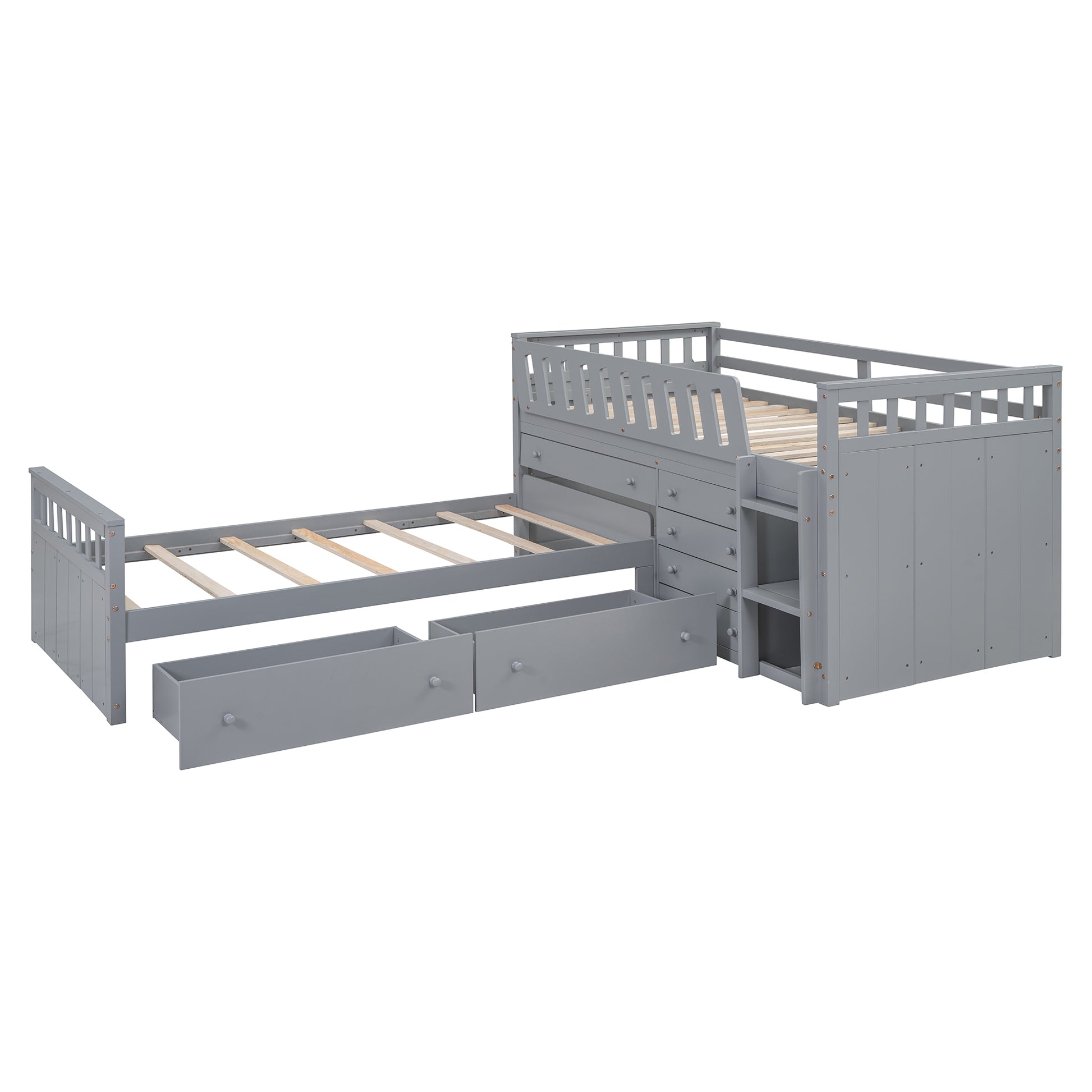 L Shaped Space Saving Twin Loft And Twin Platform Bed With 7 Drawers And Full Guardrails Gray Twin Gray Solid Wood