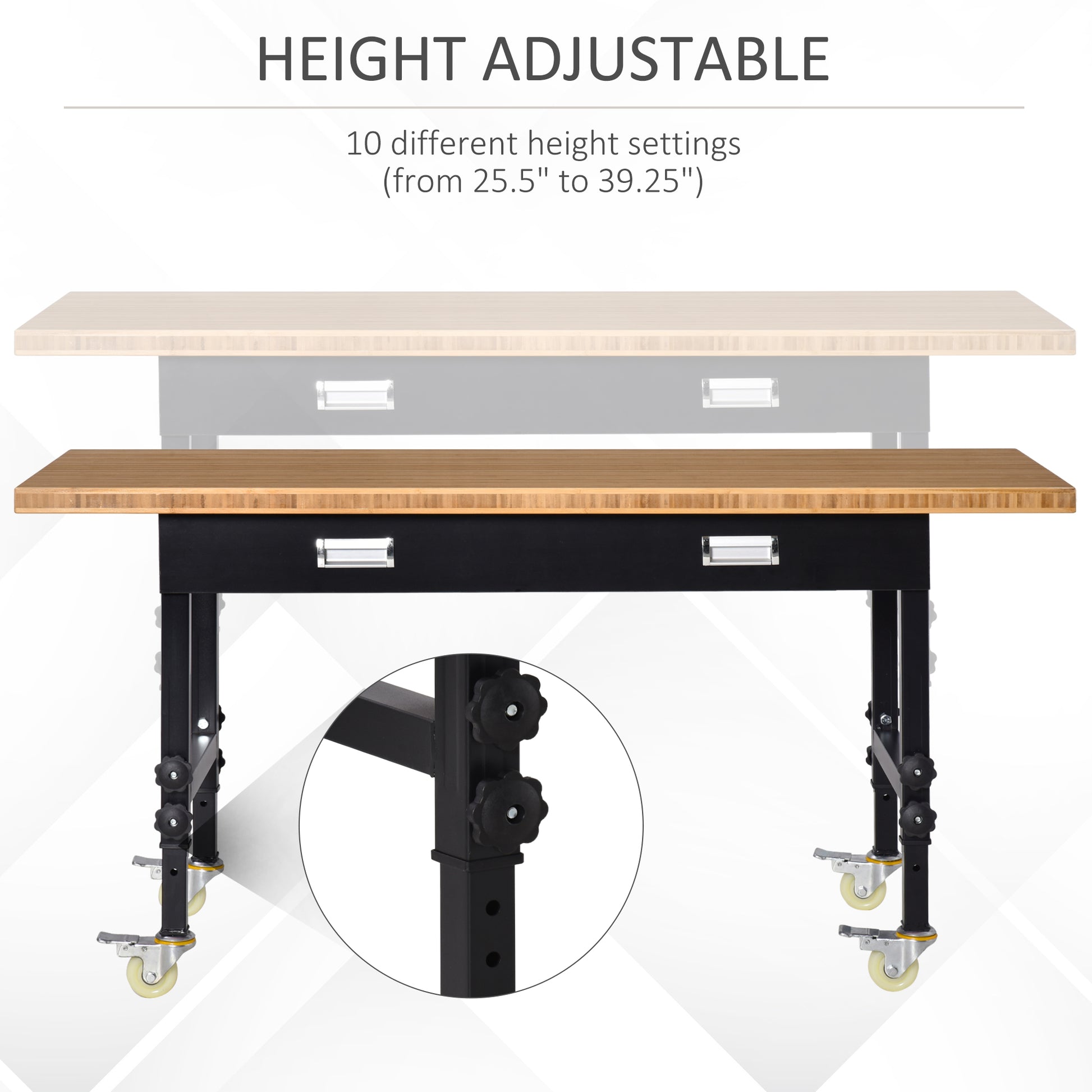 Homcom 59" Work Bench With Drawer, Height Adjustable Legs, Bamboo Tabletop Workstation Tool Table On Wheels For Garage, Weight Capacity 1320 Lbs, Black Natural Natural Wood Bamboo