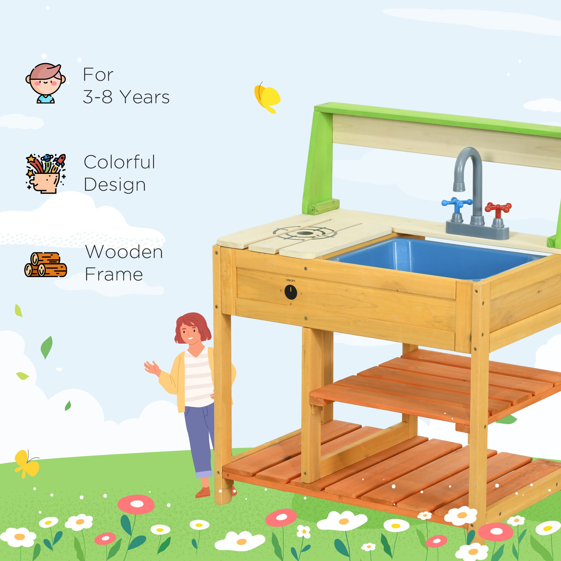 Outsunny Mud Kitchen Outdoor Kitchen Playset For Kids Wooden With Realistic Play Kitchen Toys, Faucet And Sink, Storage Shelves, Gift For Girls And Boys Aged 3 8 Years Old Colorful Wood