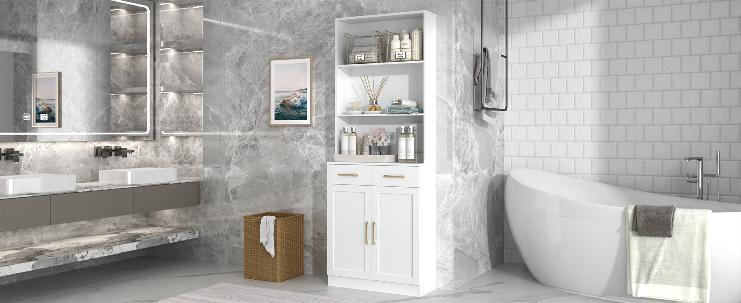 Bathroom Storage Cabinet, Cabinet With Two Doors And Drawers, Adjustable Shelf, Three Layer Open Shelf, Mdf Board, White White Mdf