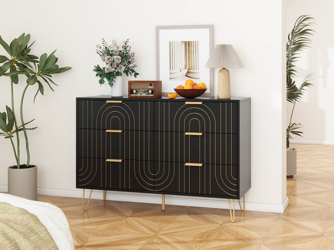 Modern 6 Drawer Dresser, Modern Dresser With Metal Handles, Storage Chest Of Drawer, Wide Dresser Drawer Organizers With Carving Design For Bedroom, Living Room, Hallway 5 Or More Drawers Black Modern Particle Board Mdf