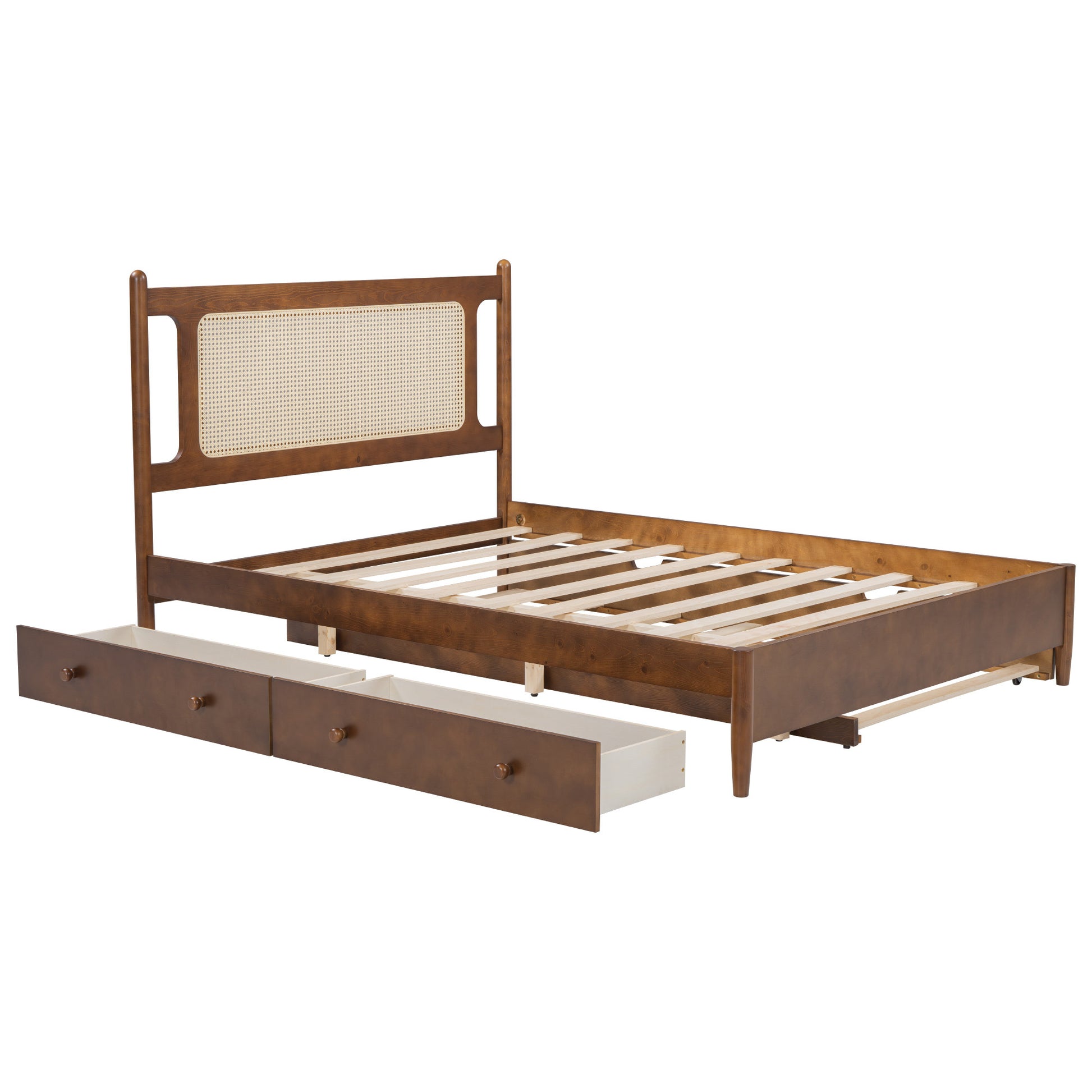 Queen Size Wooden Rattan Platform Bed, With 2 Big Drawers, T Size Trundle, Brown Queen Brown Plywood