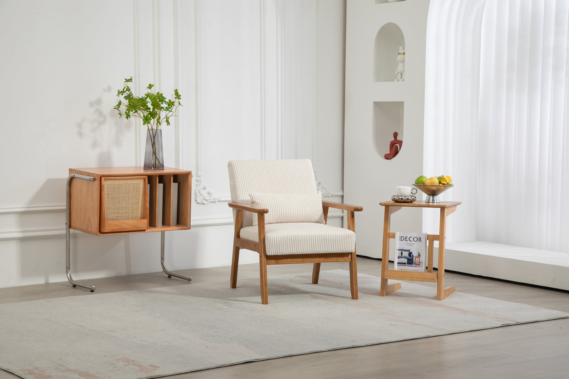 Leisure Chair With Solid Wood Armrest And Feet, Leisure Chair, Wood Frame, Velvet, L, Solid Rubber Wood Legs, Mid Century Modern Accent Chair, For Living Room Bedroom Studio Chair Beige Corduroy