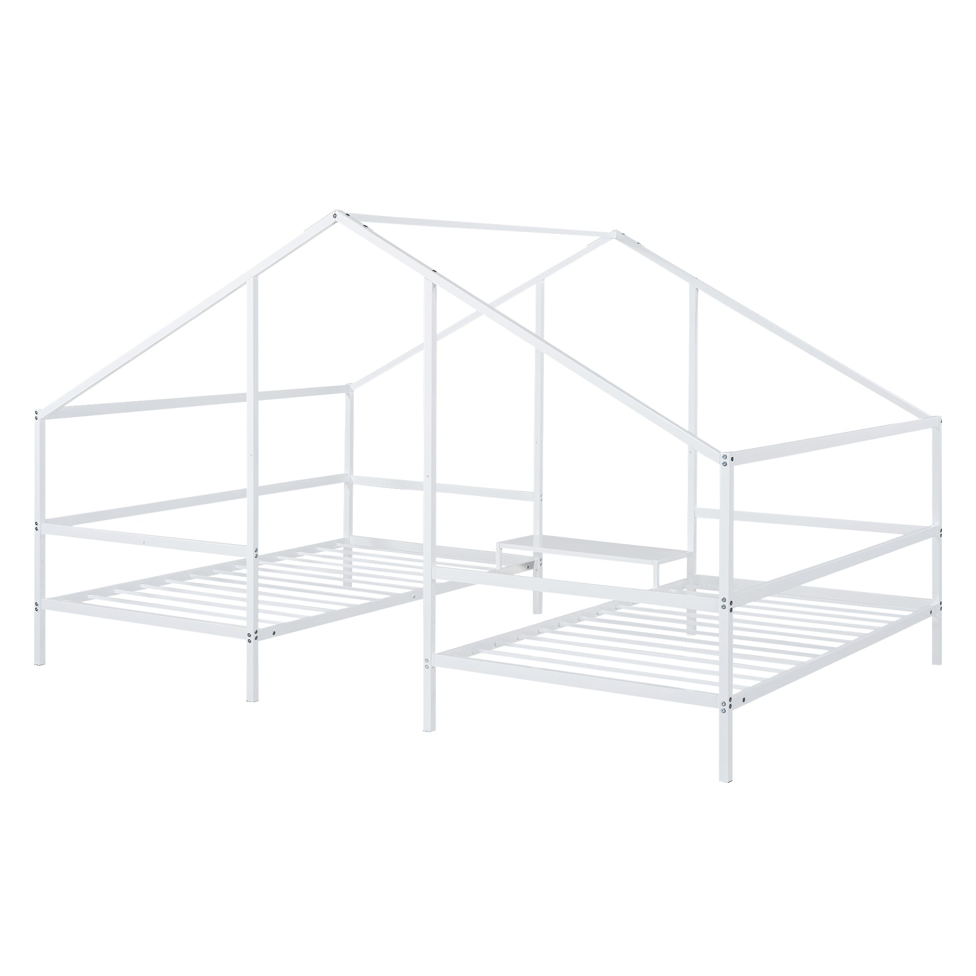 Metal Double Twin Size Triangular House Beds With Built In Table, White Box Spring Not Required Twin White Metal Metal