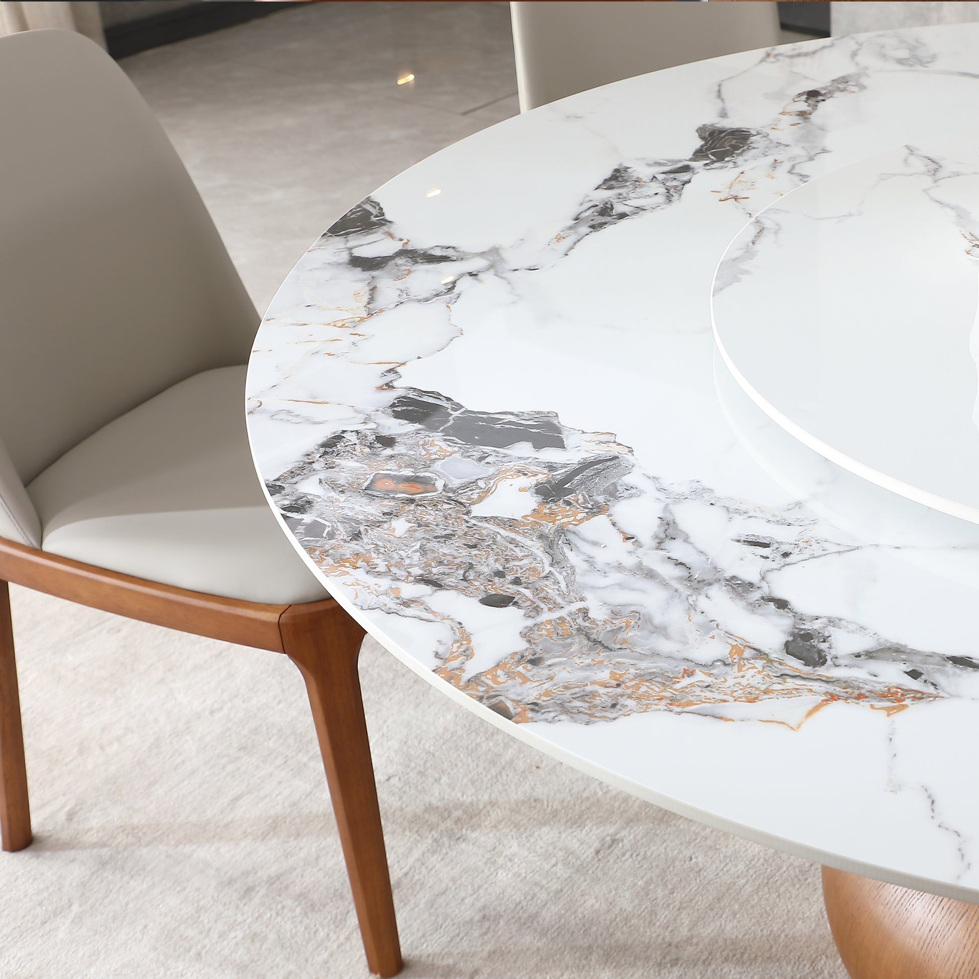 Modern Marble Dining Table, 59" Round Sintered Stone Table For Dining Room, Kitchen, Dinette, Compact Space With Lazy Susan Table Only Walnut,White Dining Room American Design,Luxury,Modern Tabeltop