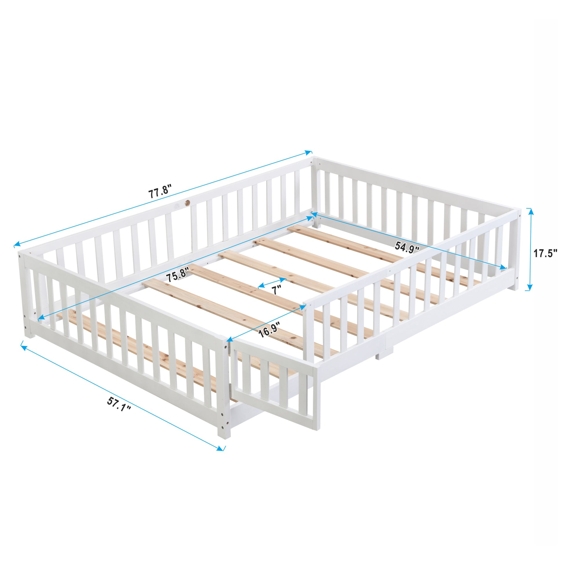 Full Size Floor Bed With Door,Solid Wood Platform Bed Frame With Fence,Suitable For Children,Pine Wood,White Full White Wood
