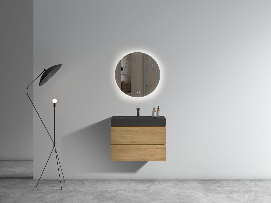 U091 Alice30W 106 Alice 30" Natural Oak Bathroom Vanity With Sink, Large Storage Wall Mounted Floating Bathroom Vanity For Modern Bathroom, One Piece Black Sink Basin Without Drain, Pre Assembled Light Oak Bathroom Modern Melamine