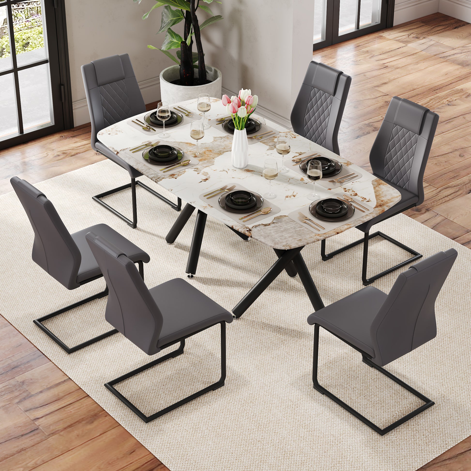 1 Table And 6 Chairs Set.A Rectangular Dining Table With A 0.39 Inch Imitation Marble Tabletop And Black Metal Legs.Paired With 6 Chairs With Pu Leather Seat Cushion And Black Metal Legs.F 1538,C 001 Black Gray Glass Metal