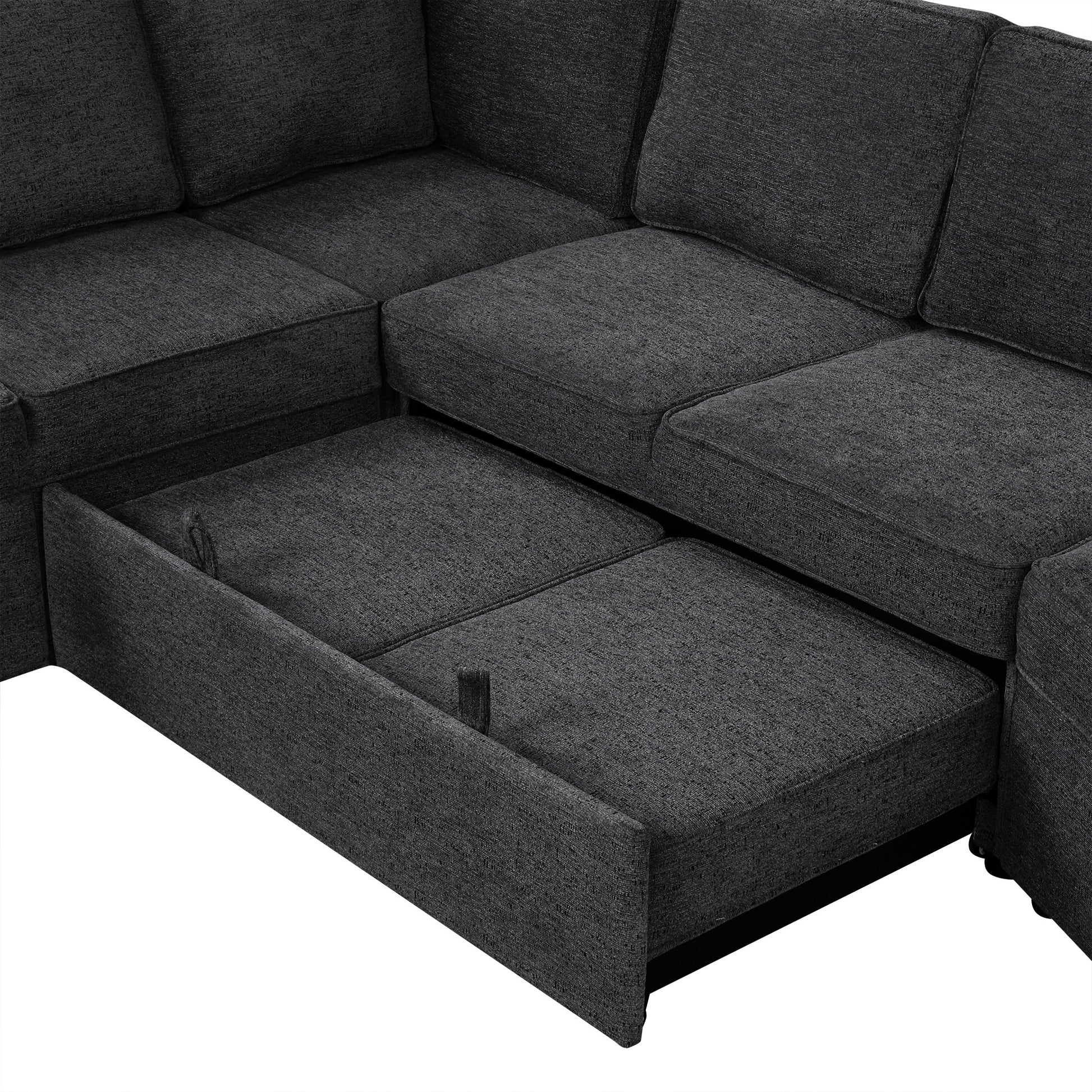 126" L Shaped Sofa Sectional Sofa Couch Pull Out Sofa Bed With Charging Devices And Cup Holders For Living Room, Blue Black Black Blue Foam Chenille 6 Seat