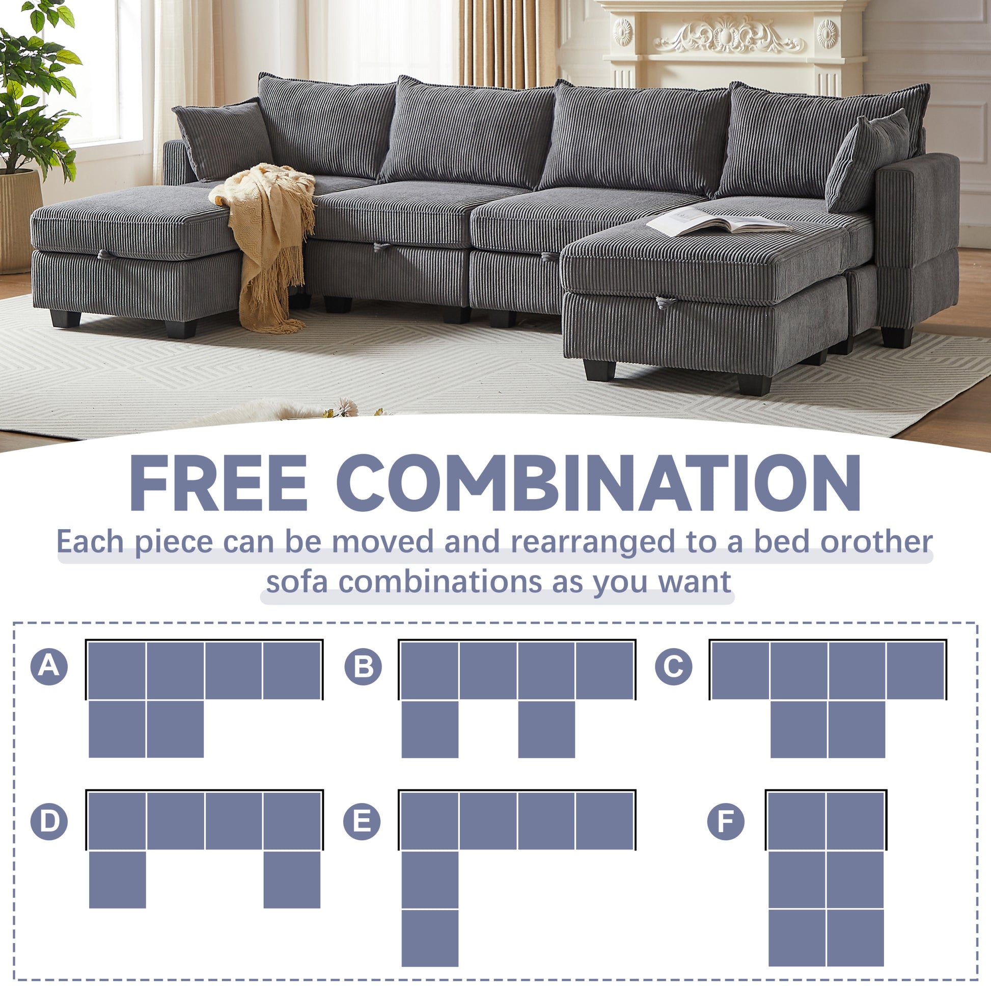 113.5'' Modular Sectiona Corduroy Sofa, Sectional Couches For Living Room U Shaped Sectional Couch With Storage Ottoman, 6 Seats Convertible Sectionals With Chaise Dark Gray Corduroy 6 Seat