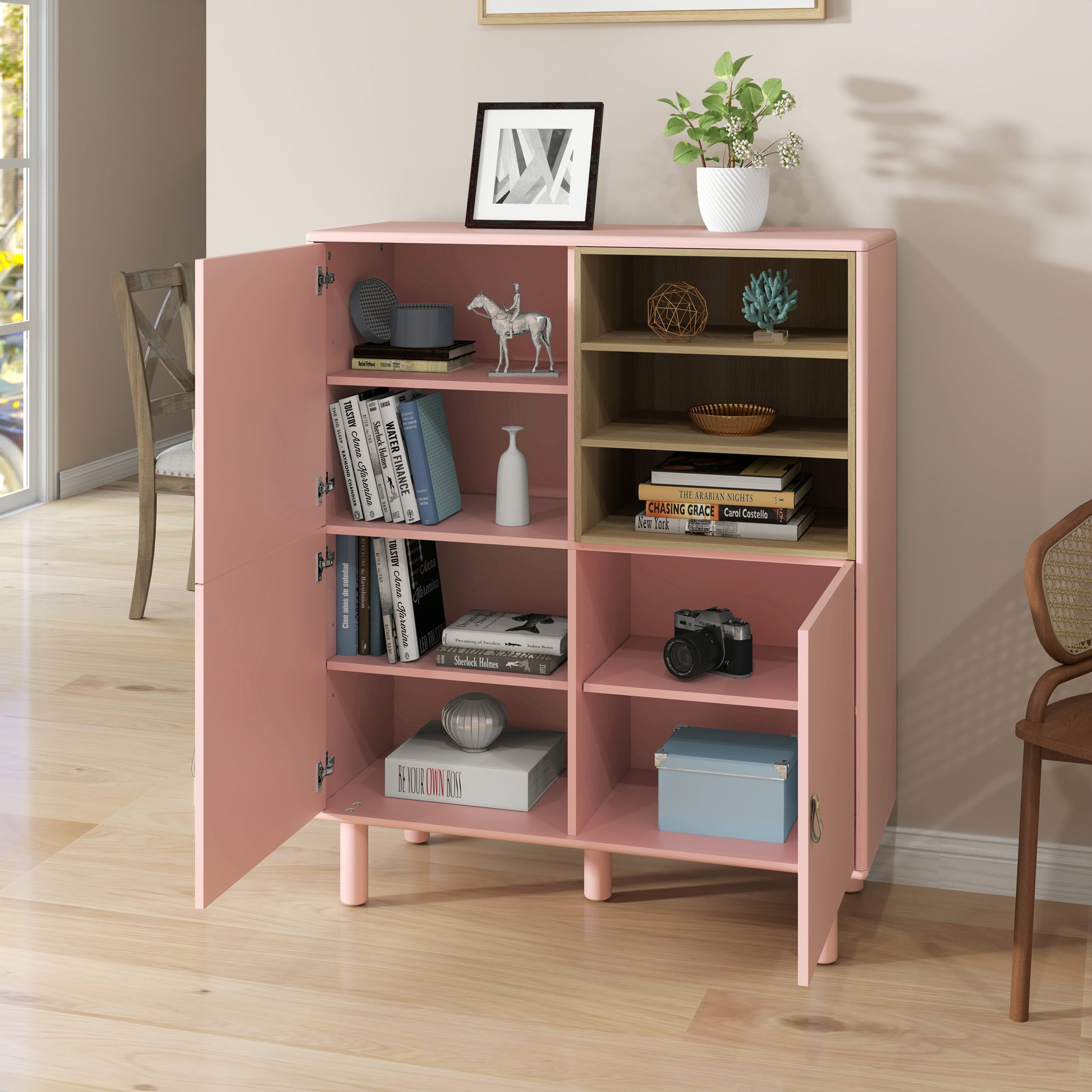 Storage Cabinet With Door, Multifunctional Storage Cabinet, Modern Sideboard Cabinet, Wooden Storage Cabinet, Leather Handle Drawer Cabinet, Home Storage Cabinet, Office Cabinet Pink Solid Wood Mdf