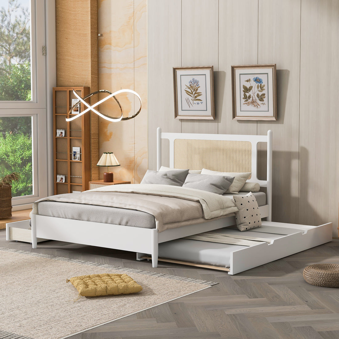 Queen Size Wooden Rattan Platform Bed, With 2 Big Drawers, T Size Trundle, White Queen White Plywood