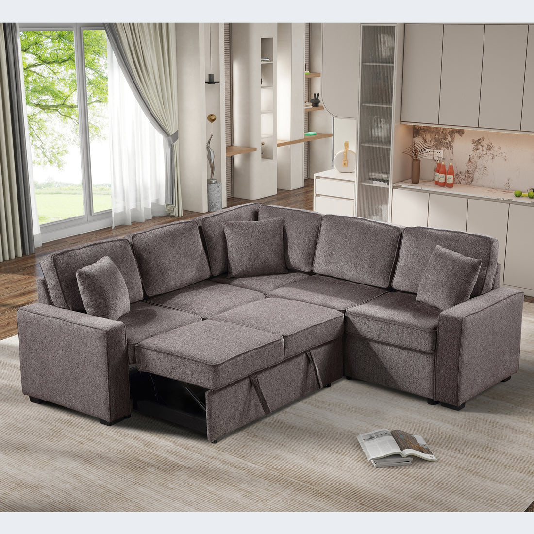 Modular Sofa, Sectional Couch L Shaped Sofa Couch With Pullout Sleeper, 5 Seat Chenille Corner Sofa For Living Room, 3 Pillows Included, Light Brown Light Brown Chenille Foam Plywood 5 Seat