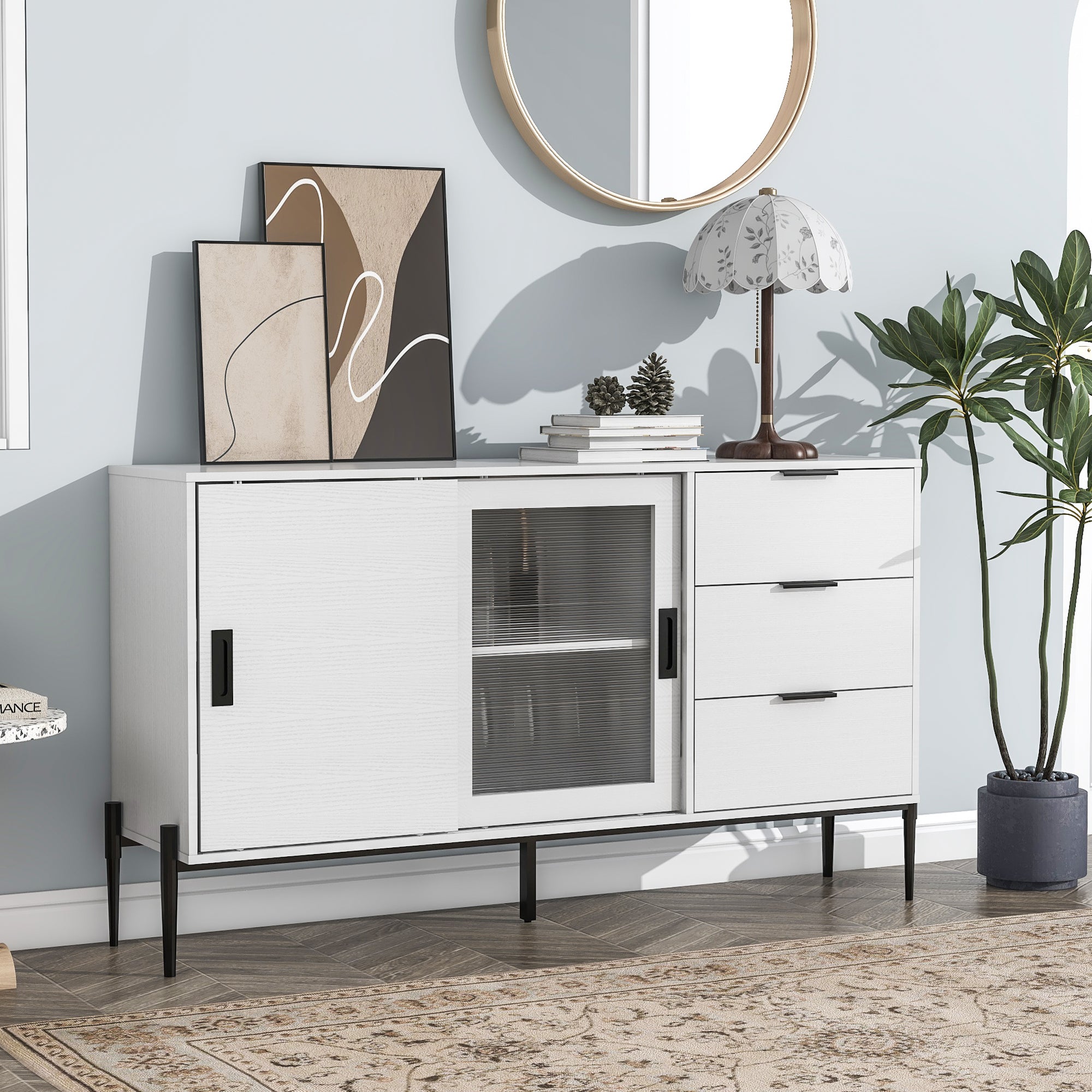 Modern Featured Storage Cabinet Sideboard With Glass Sliding Door And 3 Drawers, Entryway Console Table Kitchen Buffet Cabinet For Corridors Entrances Kitchen Study White 5 Or More Spaces White Particle Board