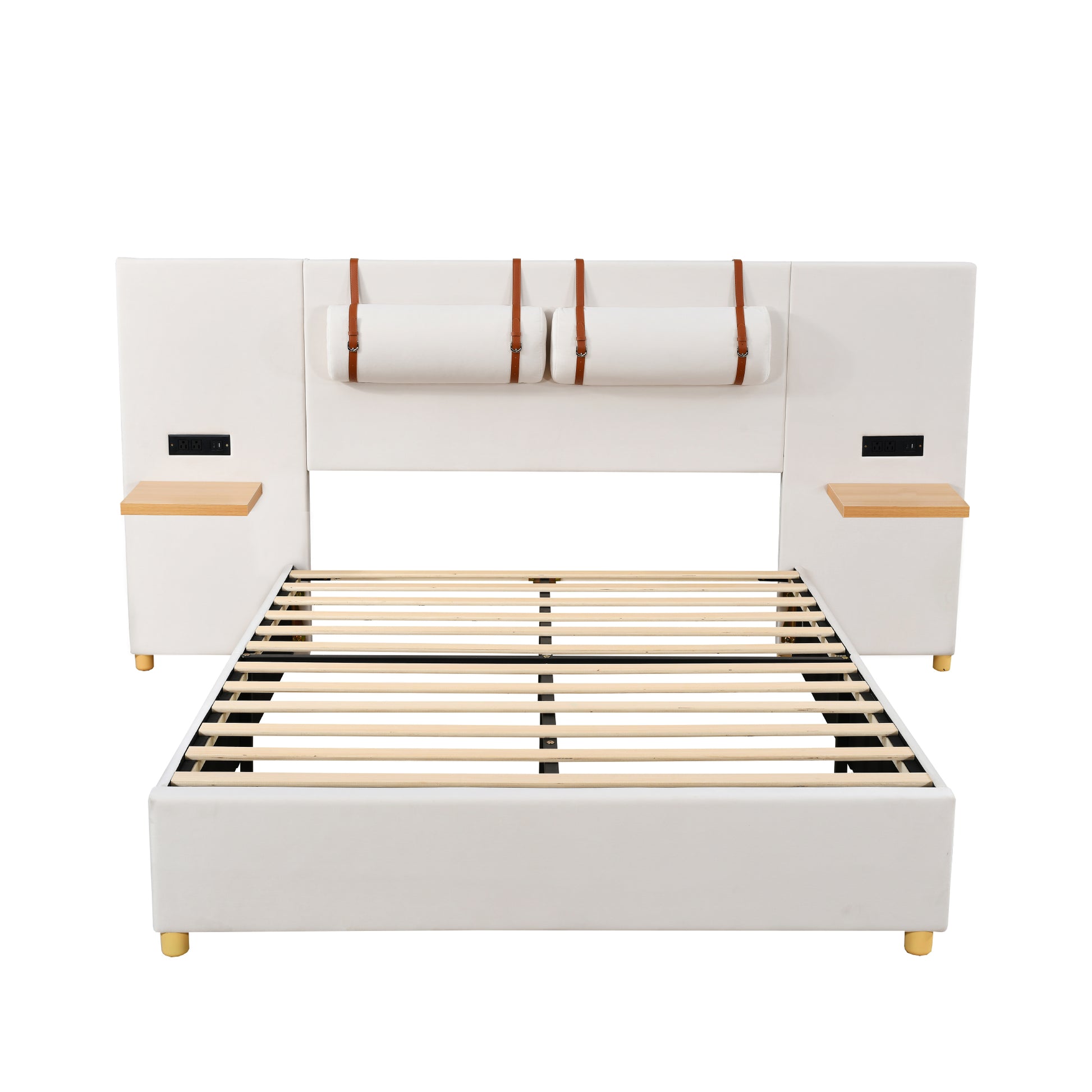 Full Size Upholstered Platform Bed, Two Outlets And Usb Charging Ports On Both Sides, Two Bedside Pillows, Storage Shelves,Velvet,Beige Full Beige Mdf Lvl