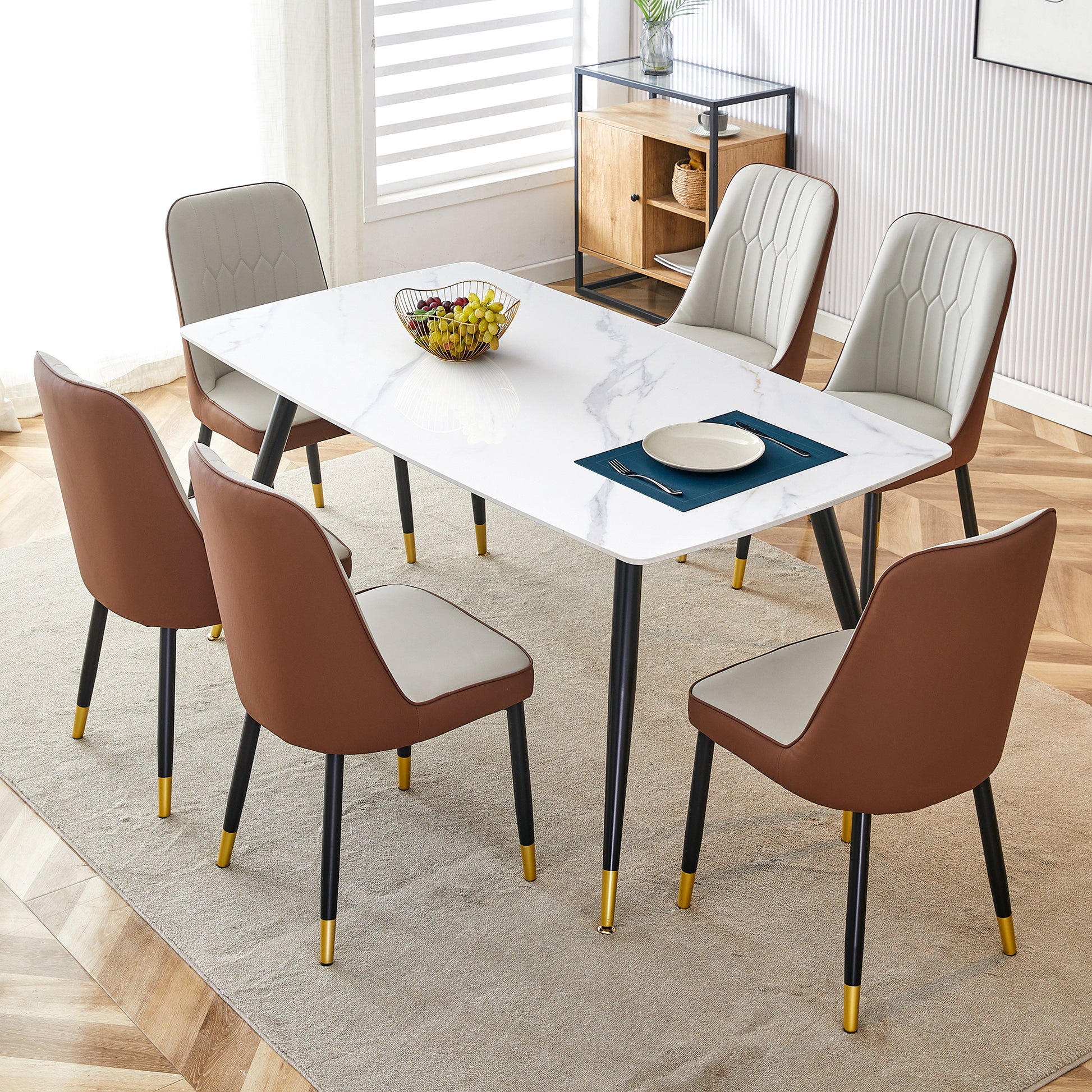 Modern Minimalist Dining Table. White Imitation Marble Pattern Sintered Stone Desktop With Black Metal Legs.62.2"*34.6"*30" F 001 Black Gold Sintered Stone