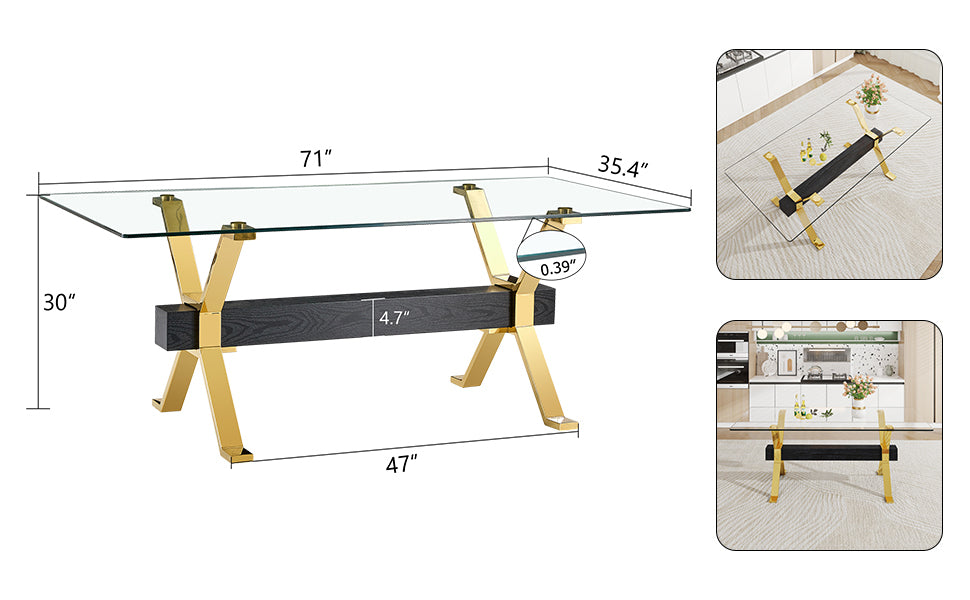 Dining Table. Modern Tempered Glass Dining Table. Large Modern Office Desk With Gold Metal Legs And Mdf Crossbars, Suitable For Home And Office Use. Kitchen .71 ''X35.4''X30 '' 1105 Transparent Glass