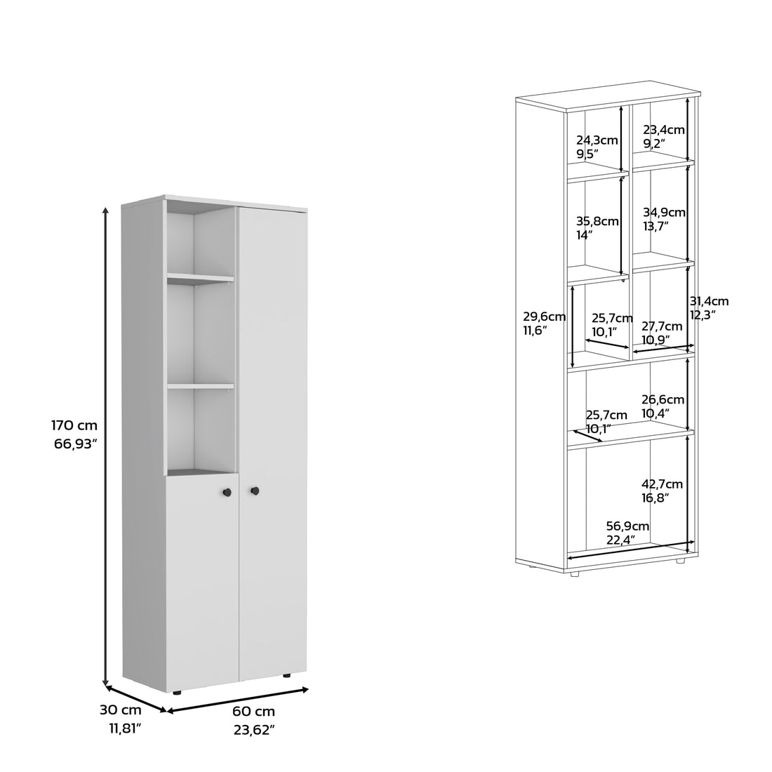 Riner Multistotage 67" H With 5 Tier Storage Shelves And 2 Doors, White White Solid Wood Mdf Engineered Wood