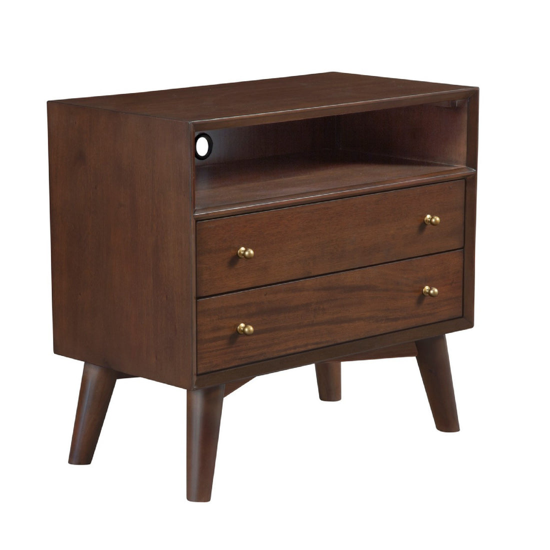 Ian 28 Inch 2 Drawer Nightstand, Open Cubby, Mahogany Wood, Walnut Brown Brown Wood