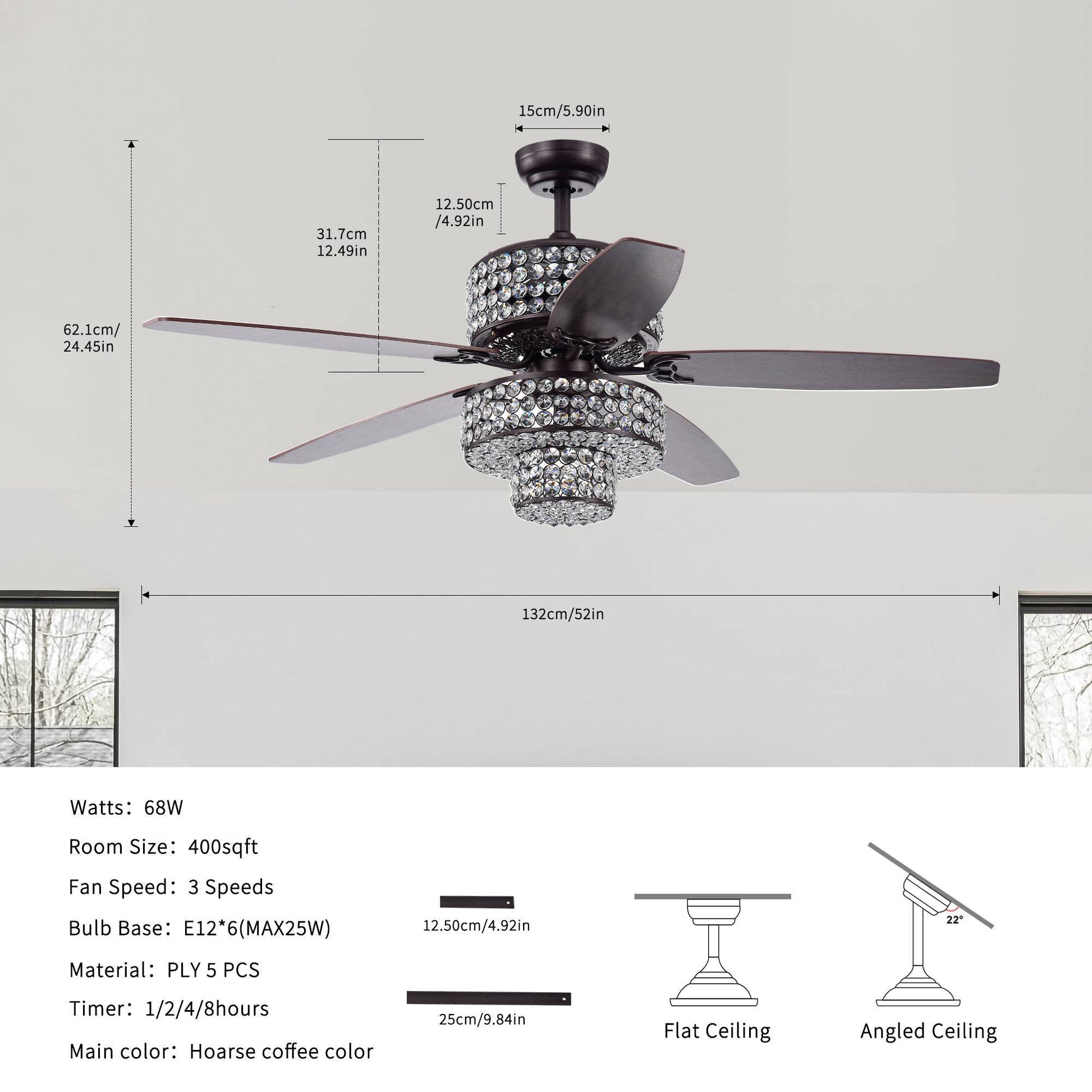 52 In Farmhouse Dual Crystal Shade 5 Blade Reversible Ceiling Fan With Light Kit And Remote 3 Speed High, Mid, Low No Include Bulb Matte Black American Design,American Traditional,Antique,Farmhouse,Industrial Plywood Metal