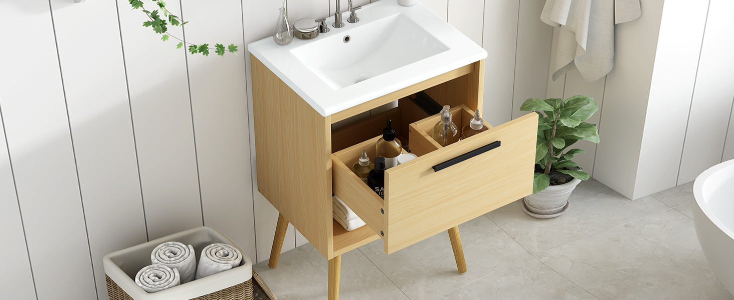 24" Bathroom Vanity With Sink Combo, Multi Functional Bathroom Cabinet With Drawer, Mdf Board, Natural Natural Solid Wood Mdf