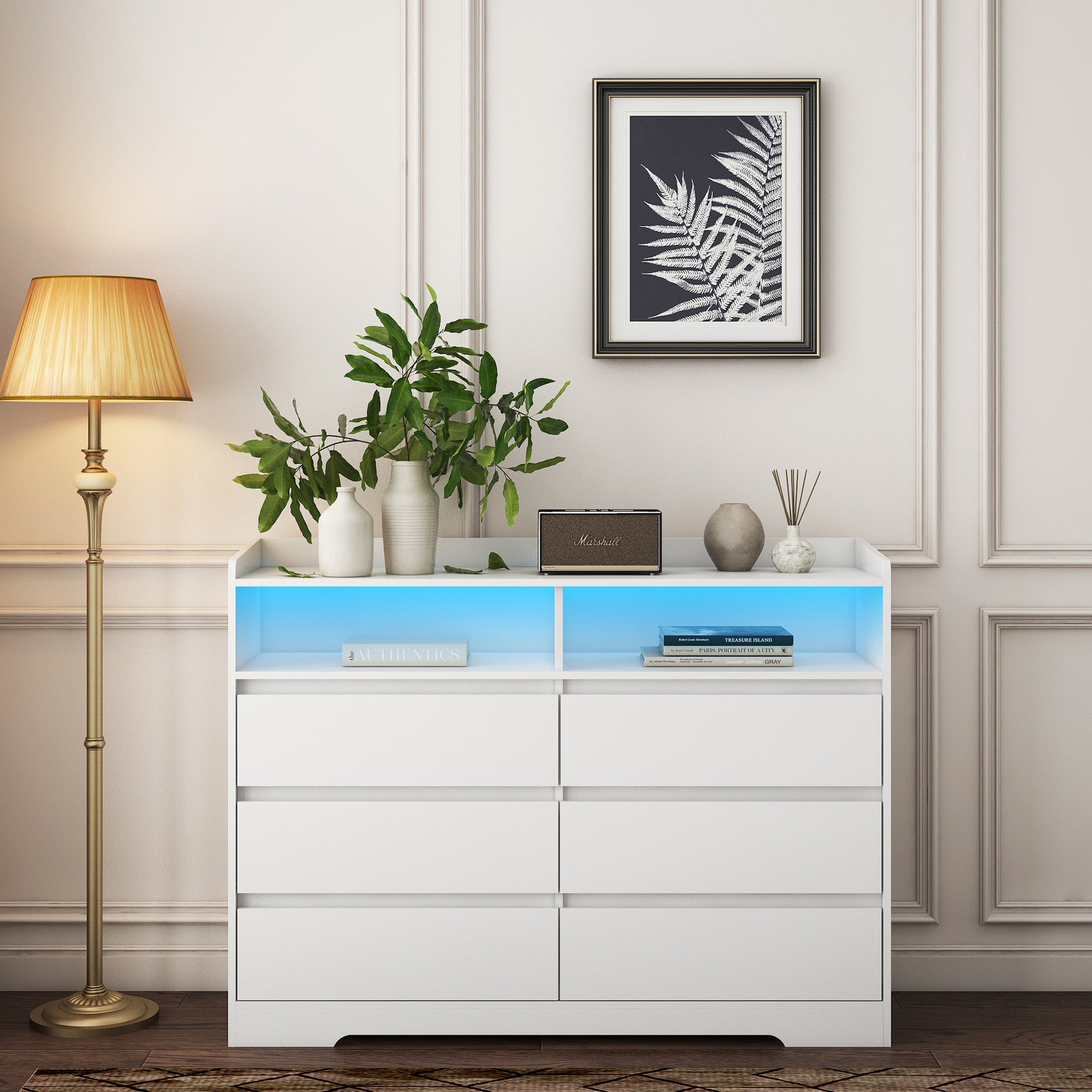 6 Drawer Dresser, White Dresser For Bedroom With Led Lights, Modern Dressers & Chests Of Drawers With Sturdy Frame For Living Room, Entryway, Hallway White Mdf