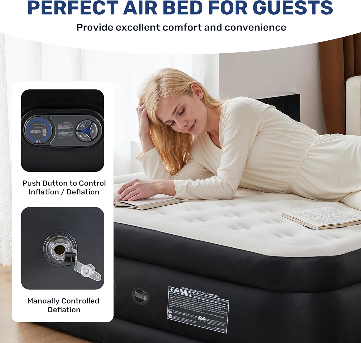 Queen Camping Air Mattress With Built In Electric High Speed Pump, 18" Bed Height, Blow Up Aerobed Inflatable Airbed With Carrying Bag For Home Guests & Travel, Waterproof Foldable Portable Black