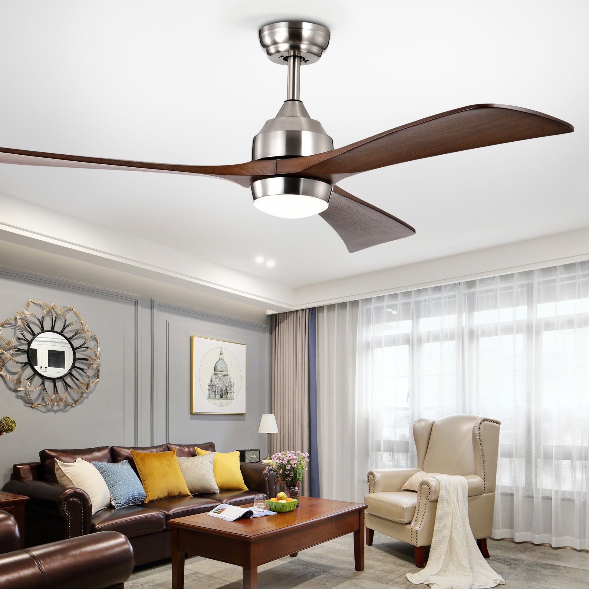 52" Ceiling Fan With Lights Remote Control,Quiet Dc Motor 3 Wood Blade Ceiling Fans 6 Speed Levels,Reversible Ceiling Fan, For Patio Living Room, Bedroom, Office,Indoor. Stain Nickel Walnut Nickel Contemporary,Farmhouse,Industrial Wood Iron