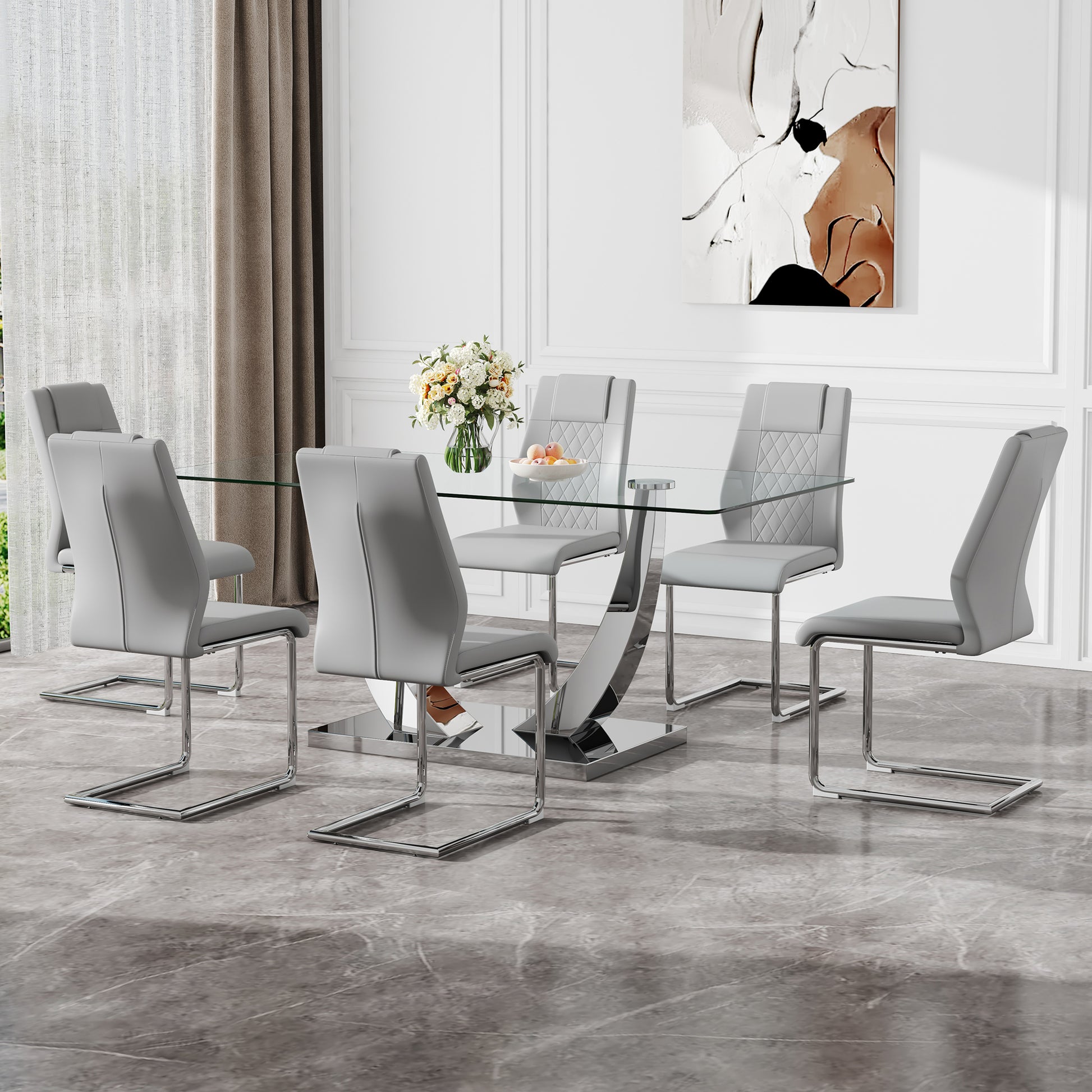 Table And Chair Set.Contemporary, Minimalist Rectangular Dining Table Featuring A Clear Tempered Glass Top And Sleek Silver Legs. Paried With Chairs Made Of Pu Material Cushion And Silver Metal Legs. Gray Seats 6 Glass Metal