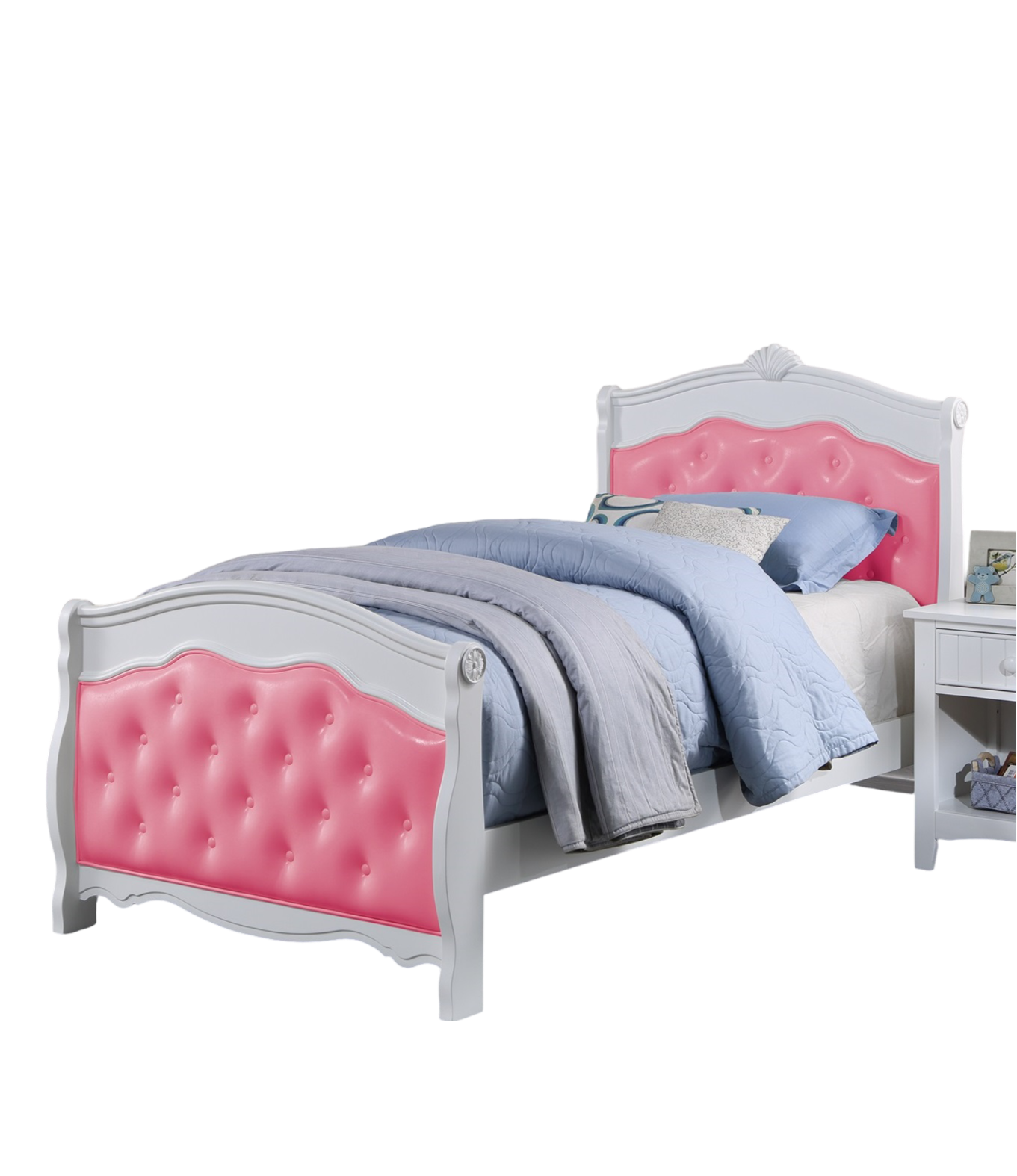 White Twin Size Bed Youth Bedroom Furniture Pink Faux Leather Headboard Footboard Plywood 1Pc Bedframe Box Spring Required Twin Pink White Wood Bedroom Classic,Traditional Pine Bed Frame Faux Leather Plywood