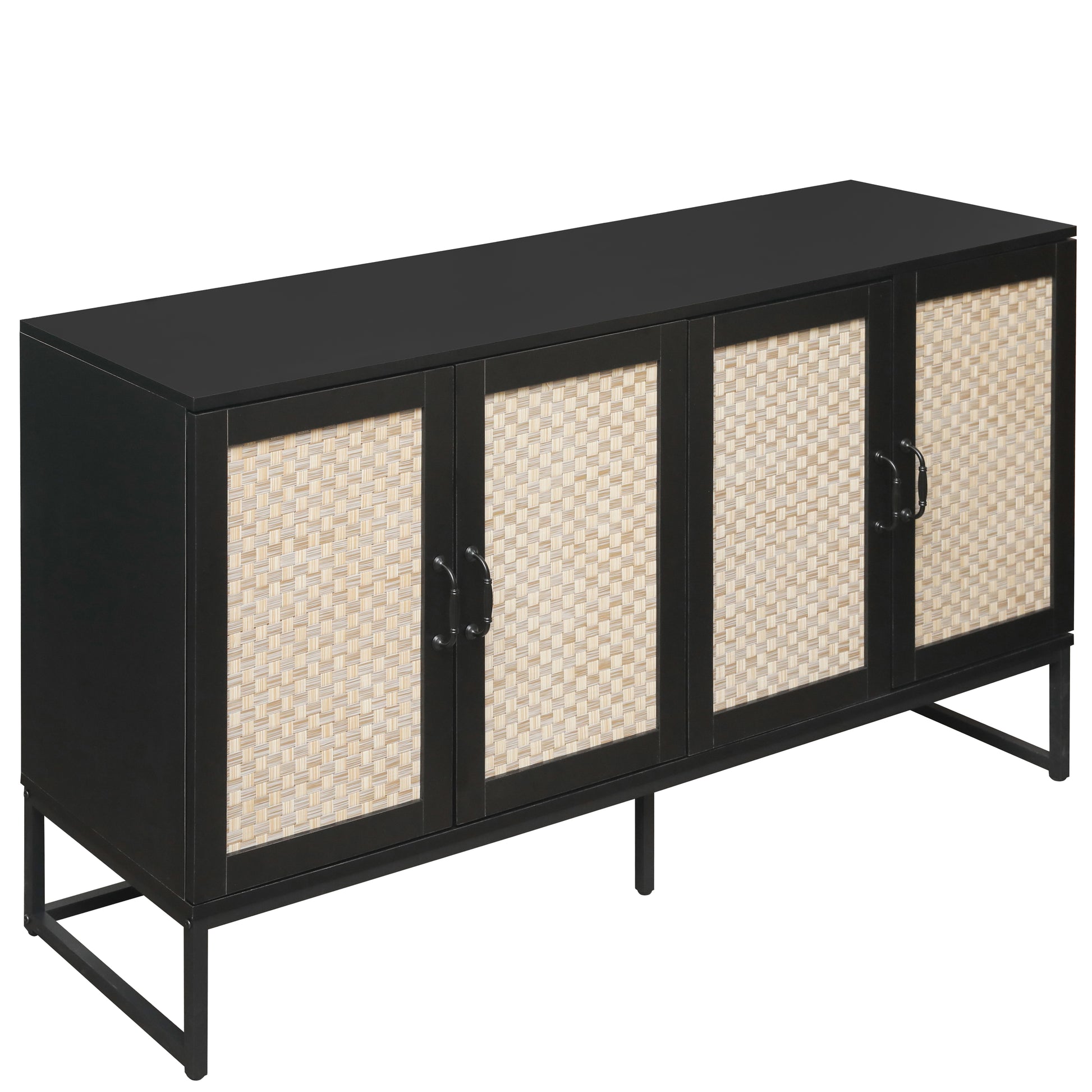 Rattan 4 Door Sideboardsideboard Buffet Storage Cabinet,Accent Storage Cabinetlarge Cabinet With 4 Rattan Decorated Doors For Living Room Dining Room Black Modern Particle Board Mdf