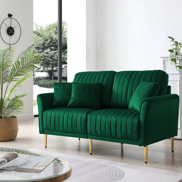 2 Seater Sofa Couch With Channel Tufted On Back And Seat Cushions, Two Throw Pillows, Velvet Green Green Foam Velvet 2 Seat