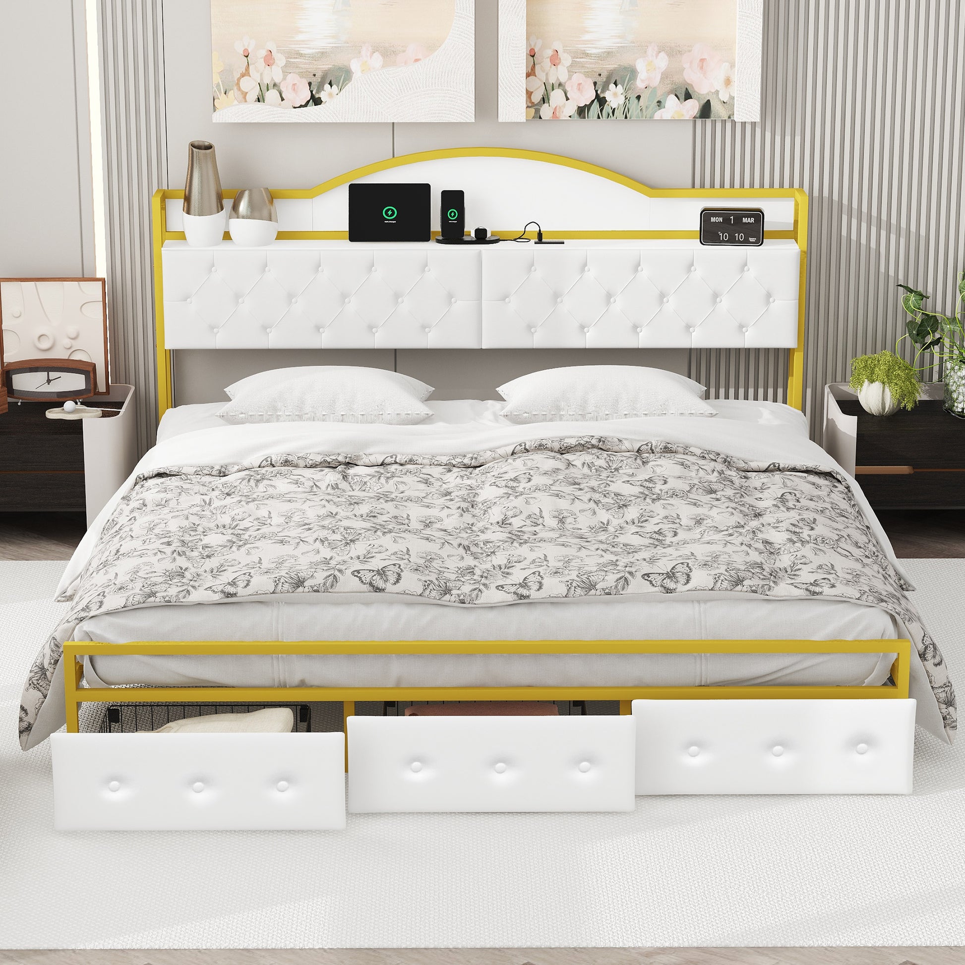 Metal Platform Bed With 3 Drawers, Storage Headboard, King, Gold King Gold White Fabric Metal