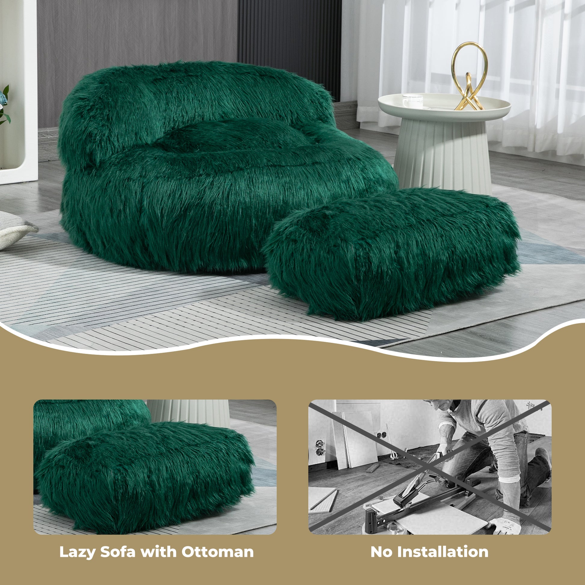 Coolmore Bean Bag Chair, Floor Sofa With Handle,Accent Sofa Chair With Ottoman For Gaming Reading Relaxing Emerald Emerald Foam Plush