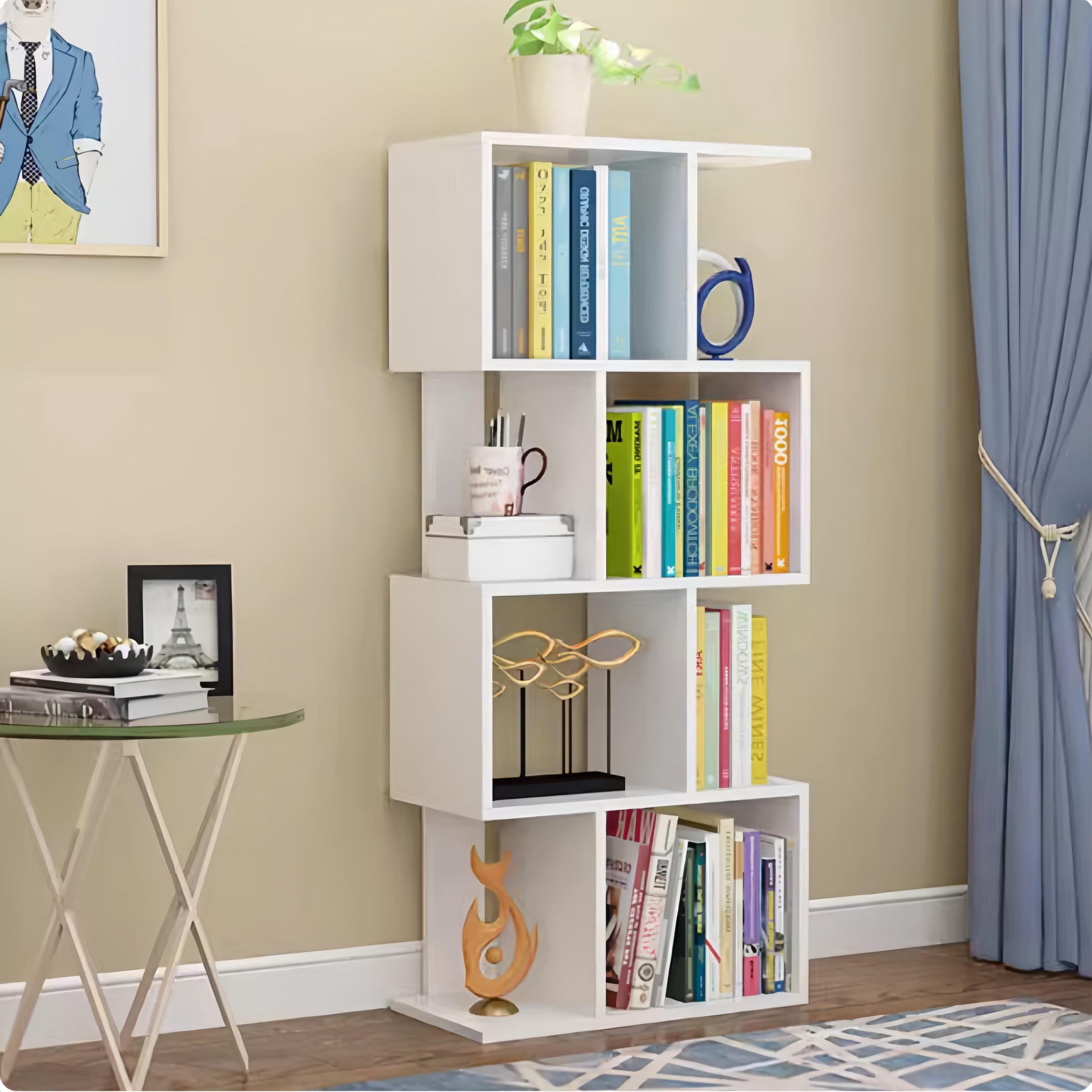 Dfw 4 Tier Storage Shelf S Shaped Bookcase, Multifunctional Wooden Display Decor Furniture, Free Standing Industrial Storage Rack For Living Room Bedroom Office, Modern 4 Shelf Bookcase 1 White 4