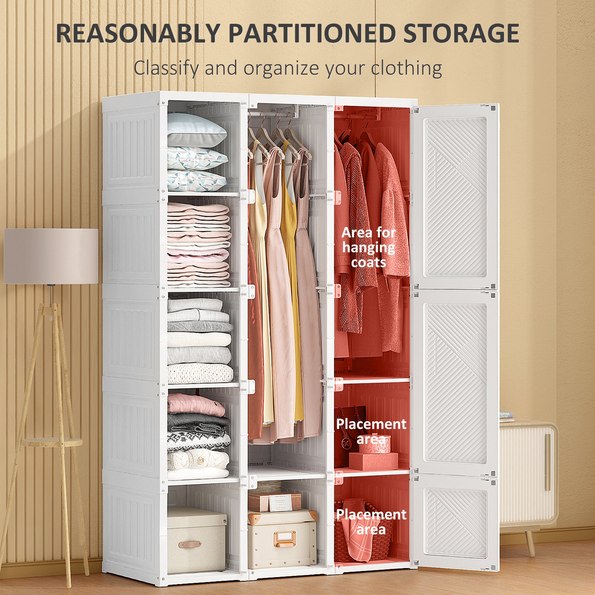 Homcom Portable Wardrobe Closet, Folding Bedroom Armoire, Clothes Storage Organizer With 11 Cube Compartments, Hanging Rod, Magnet Doors, White White Abs