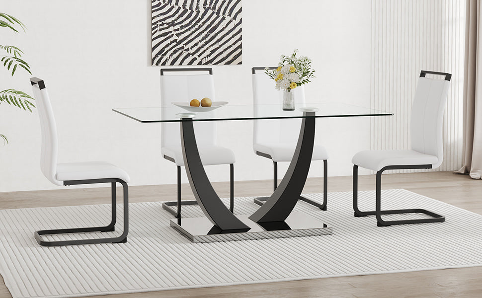 Table And Chair Set.Large Rectangular Glass Dining Table, 0.39 "Tempered Glass Countertop And Black Metal Shaped Bracket.Comes With Chairs With Faux Leather Cushions.Suitable For Kitchen, Dining Room. White Black Seats 4 Glass Metal