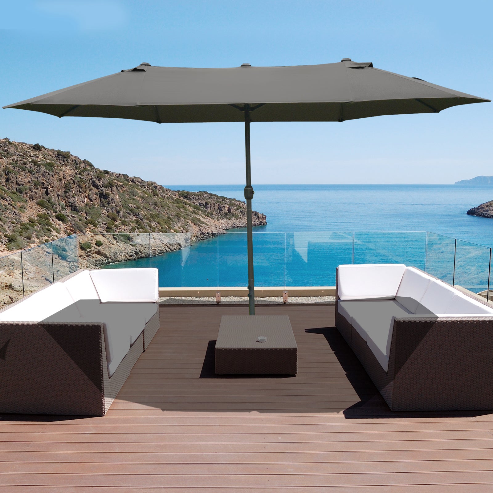 15' patio umbrella with base Outsunny Patio Umbrella 15' Steel Rectangular Outdoor Double Sided Market With Base, Sun Protection & Easy Crank For Deck Pool Patio, Dark Gray Grey