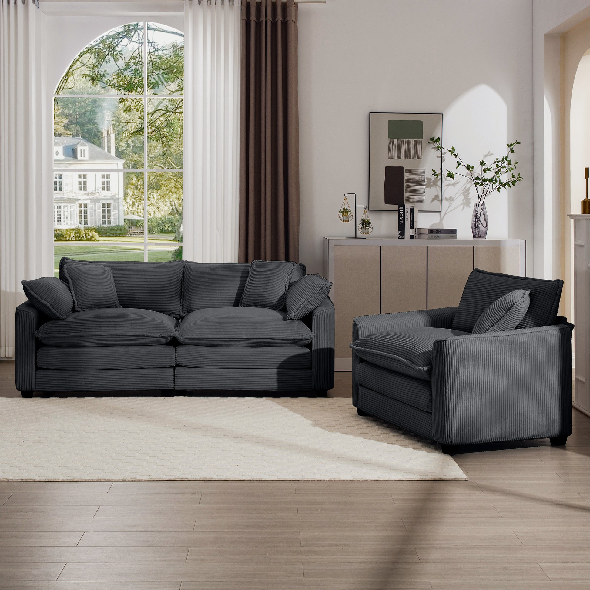 Modern Living Room Sofa Two Piece Set, Suitable For Living Room And Bedroom Sofa Set, Consists Of A Single Seat And A 3 Seater Sofas, Grey Corduroy Grey Corduroy 3 Seat