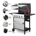 4 Burner Propane Gas Bbq Grill, Ss Plancha, 49200Btu Output With Wire Enamel Cooking Grids For Outdoor Barbecue, Foldable Side Table, Hanging Basket, Stainless Steel Black Silver Garden & Outdoor