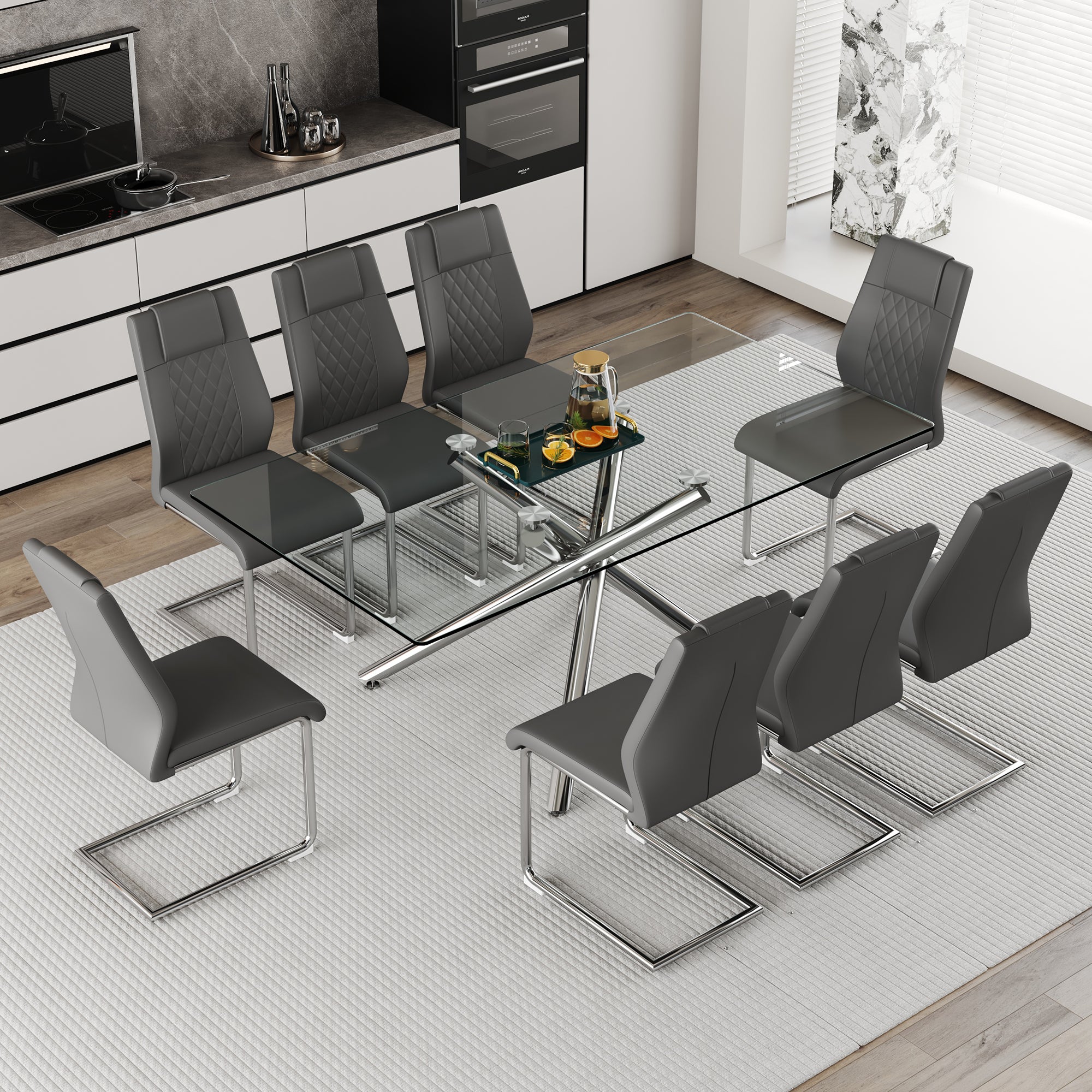 Table And Chair Set.Modern Luxurious Transparent Tempered Glass Dining Table Set With 8 Chairs.Single Fork Silver Metal Table Legs.Dark Gray High Quality Pu Dining Chairs With Silver Metal Legs.