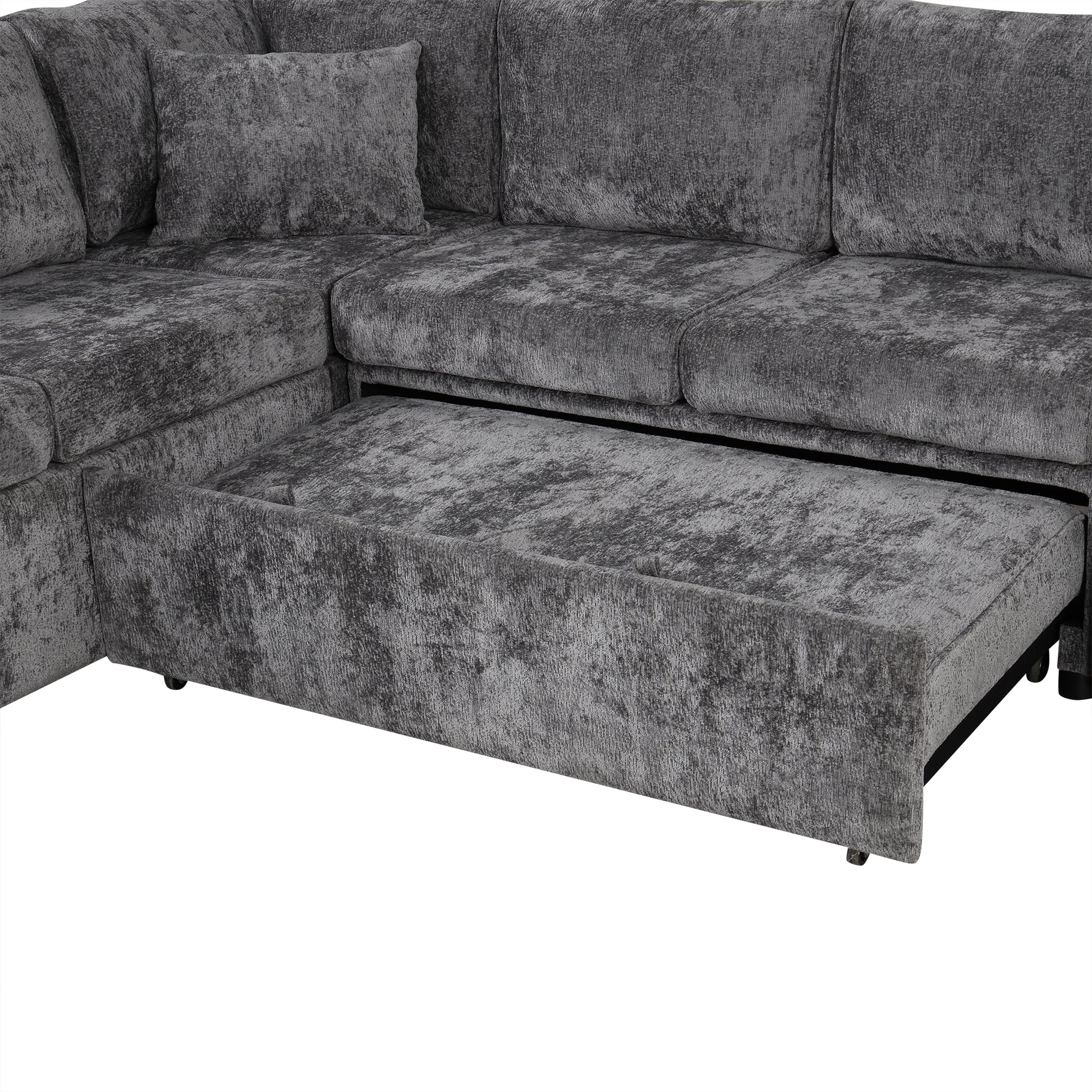 112.2" Sectional Sofa Pull Out Sofa Bed Sleeper With A Storage Ottoman,Three Pillows And Charging Devices For Living Room, Grey Grey Foam Chenille 6 Seat