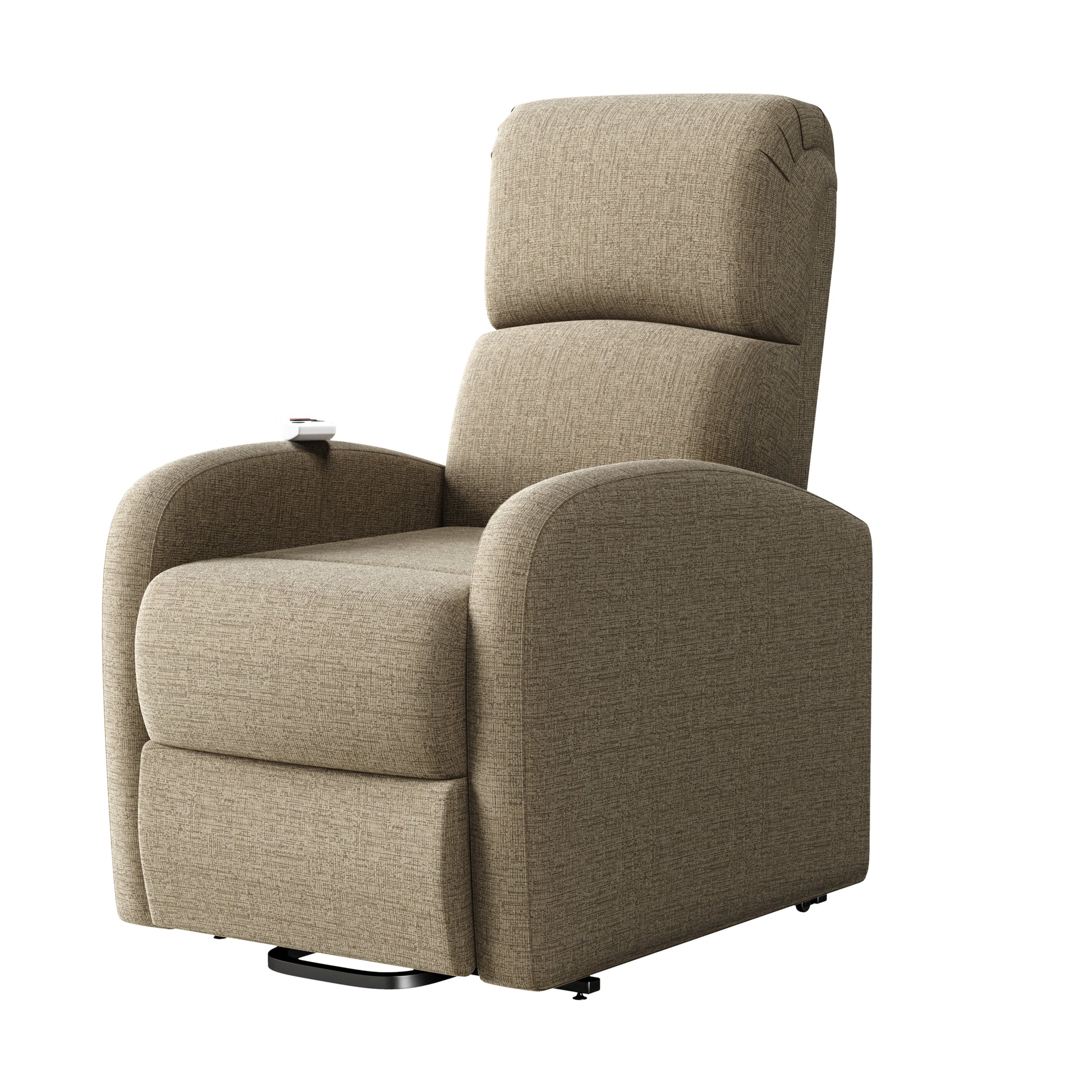 The Sandy Recliner Chair Tan Polyester Power Remote Wood Soft Cushion Back Push Button Fiber Foam Pads Polyester
