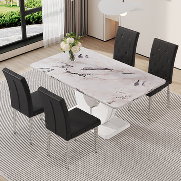 Table And Chair Set, Modern Minimalist White Marble Textured Rectangular Dining Table. Suitable For Restaurants And Living Rooms. Soft Cushion Seats.F 1280 White Mdf