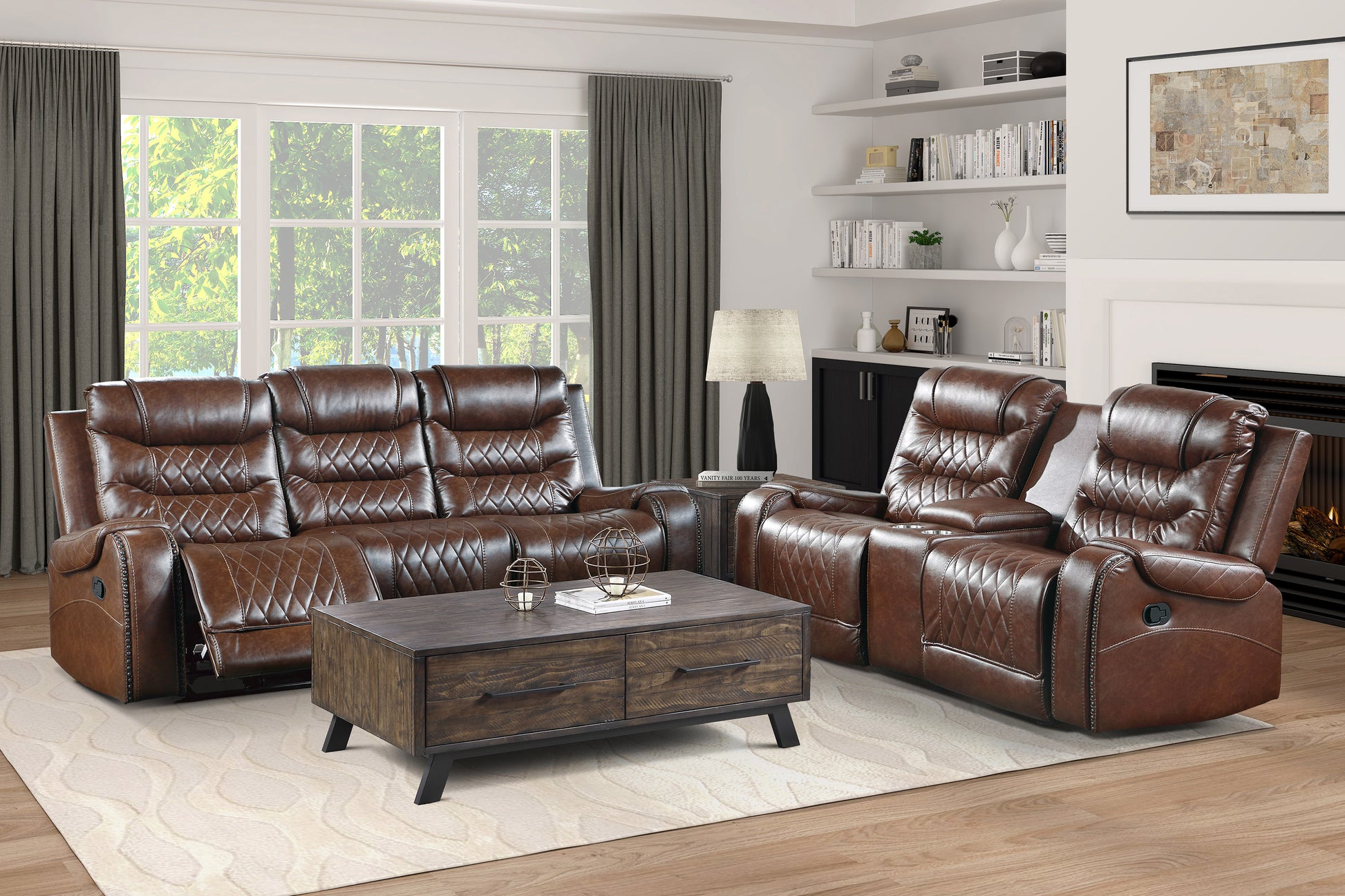 Luxurious Living Room Furniture 1Pc Brown Double Reclining Sofa With Center Drop Down Cup Holders, Receptacles Usb Ports,Faux Leather Upholstery Diamond Pattern Stitching Brown Faux Leather Wood Primary Living Space Luxury,Modern Solid Wood 3 Seat