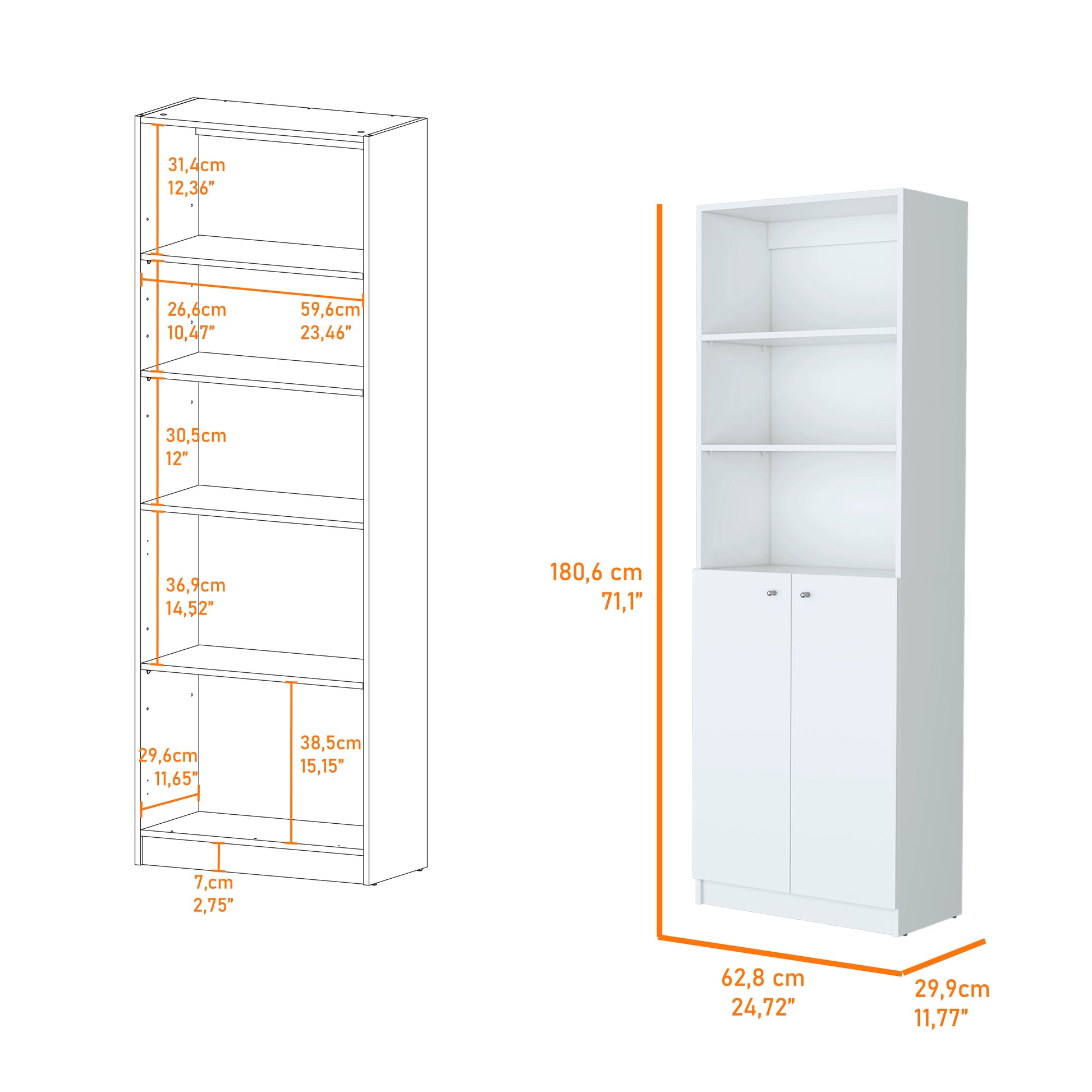 Sutton 2 Door Bookcase, Storage With Multi Level Shelves And Double Door Design White Particle Board Engineered Wood