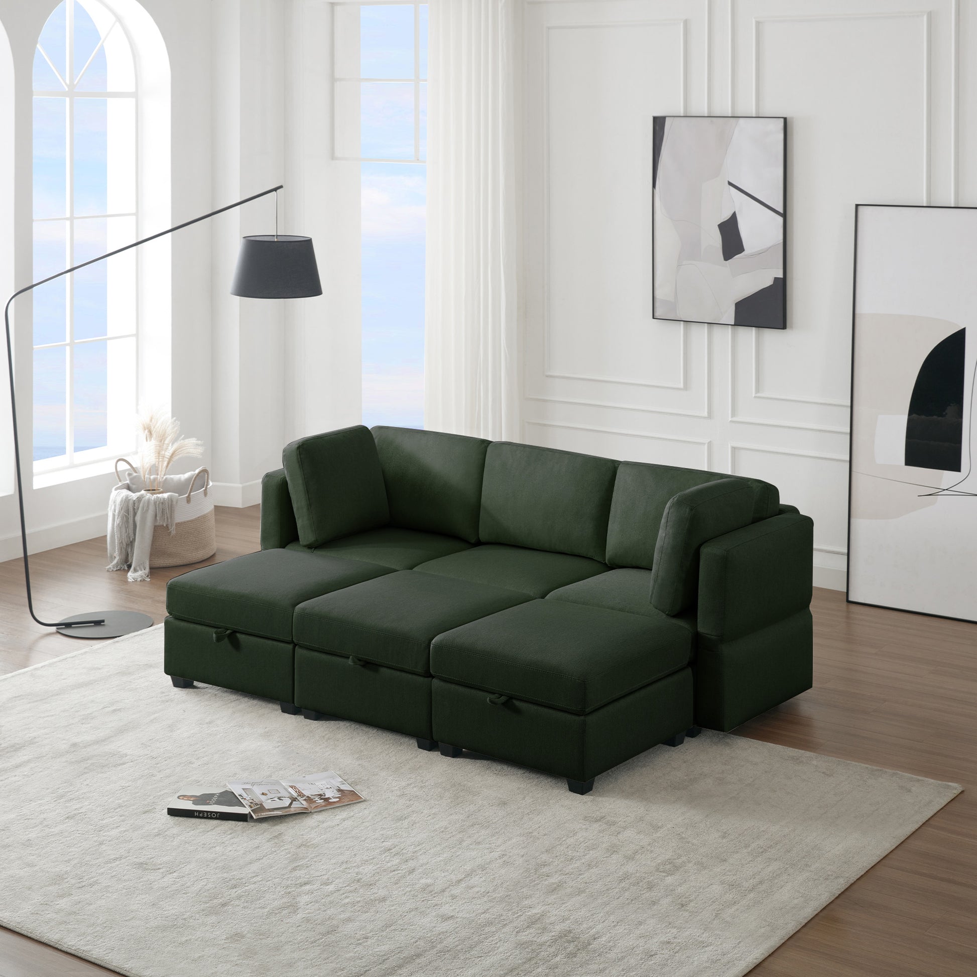 Modular Sectional Sofa Couch Bed With Storage 6 Seater, Sleeper Sofa Bed Couch With Reversible Chaise Ottomans, Adjustable Arms And Backs Green Green Polyester 3 Seat