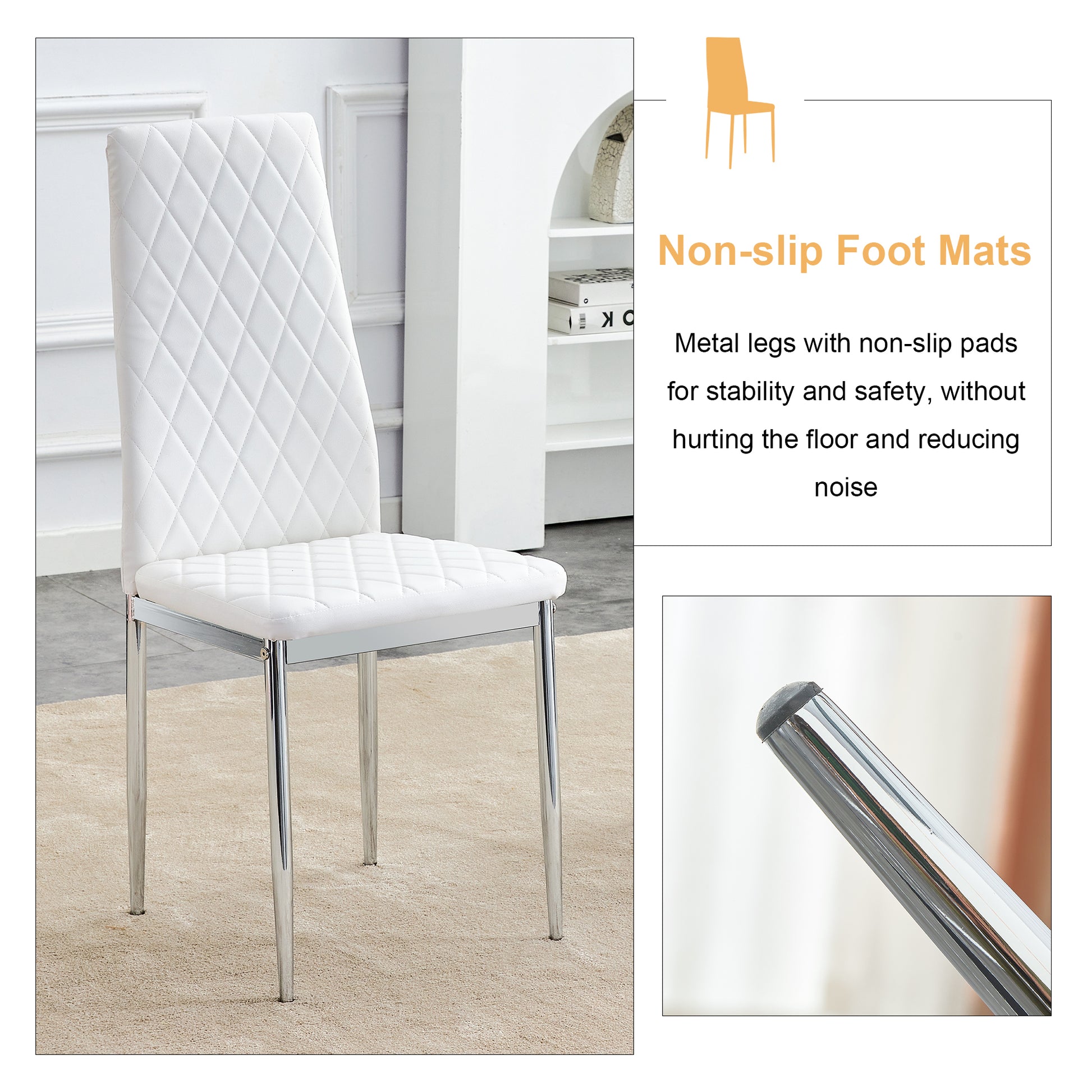 Table And Chair Set.Rectangular Dining Table With Tempered Glass Tabletop And Silver Plating Metal Legs.Paired With 6 Checkered Armless High Back White Chairs With Electroplated Metal Legs. White Seats 6 Glass Metal
